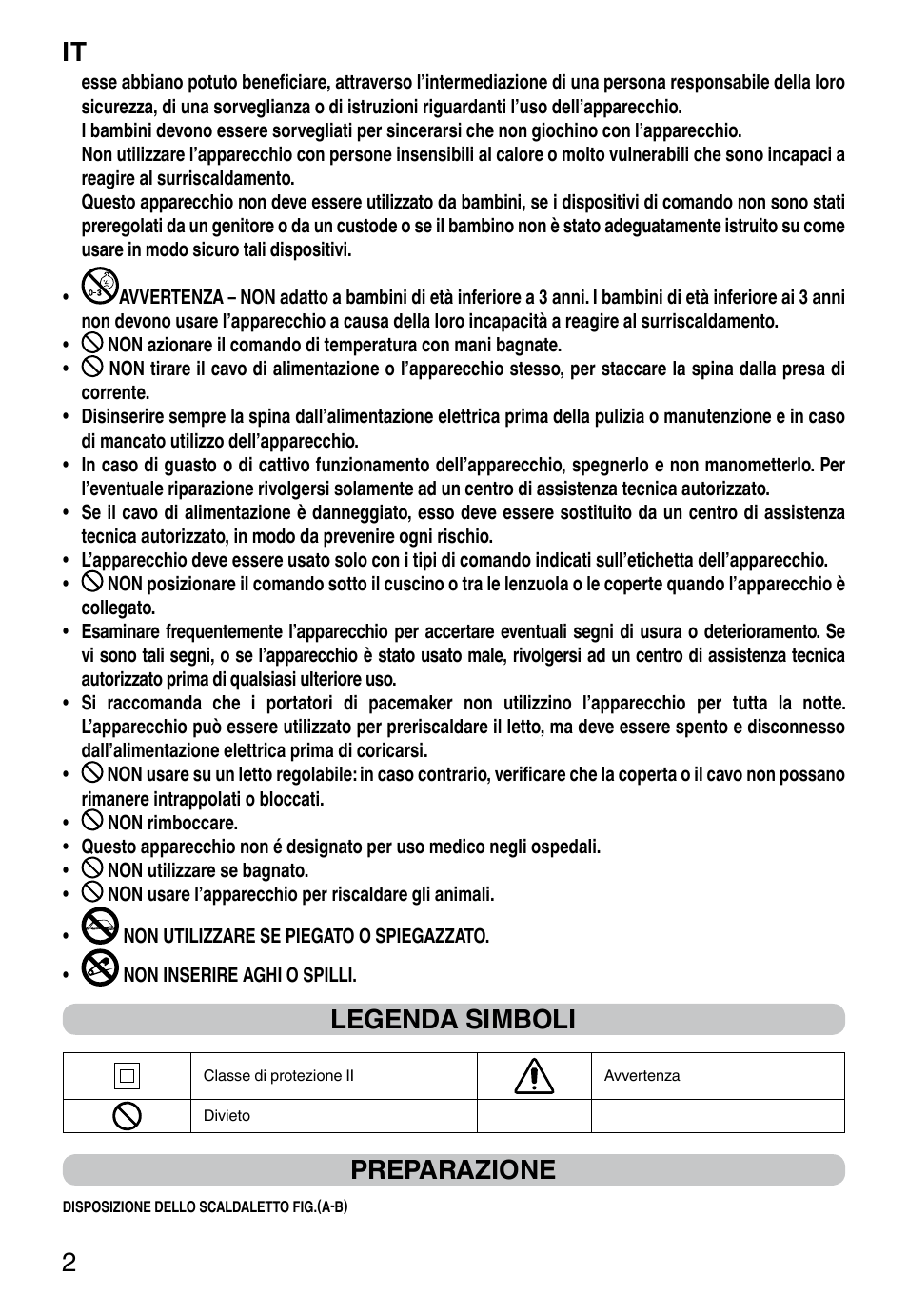 It 2, Legenda simboli, Preparazione | Imetec RELAXY QUILTED DOUBLE DUAL User Manual | Page 4 / 56
