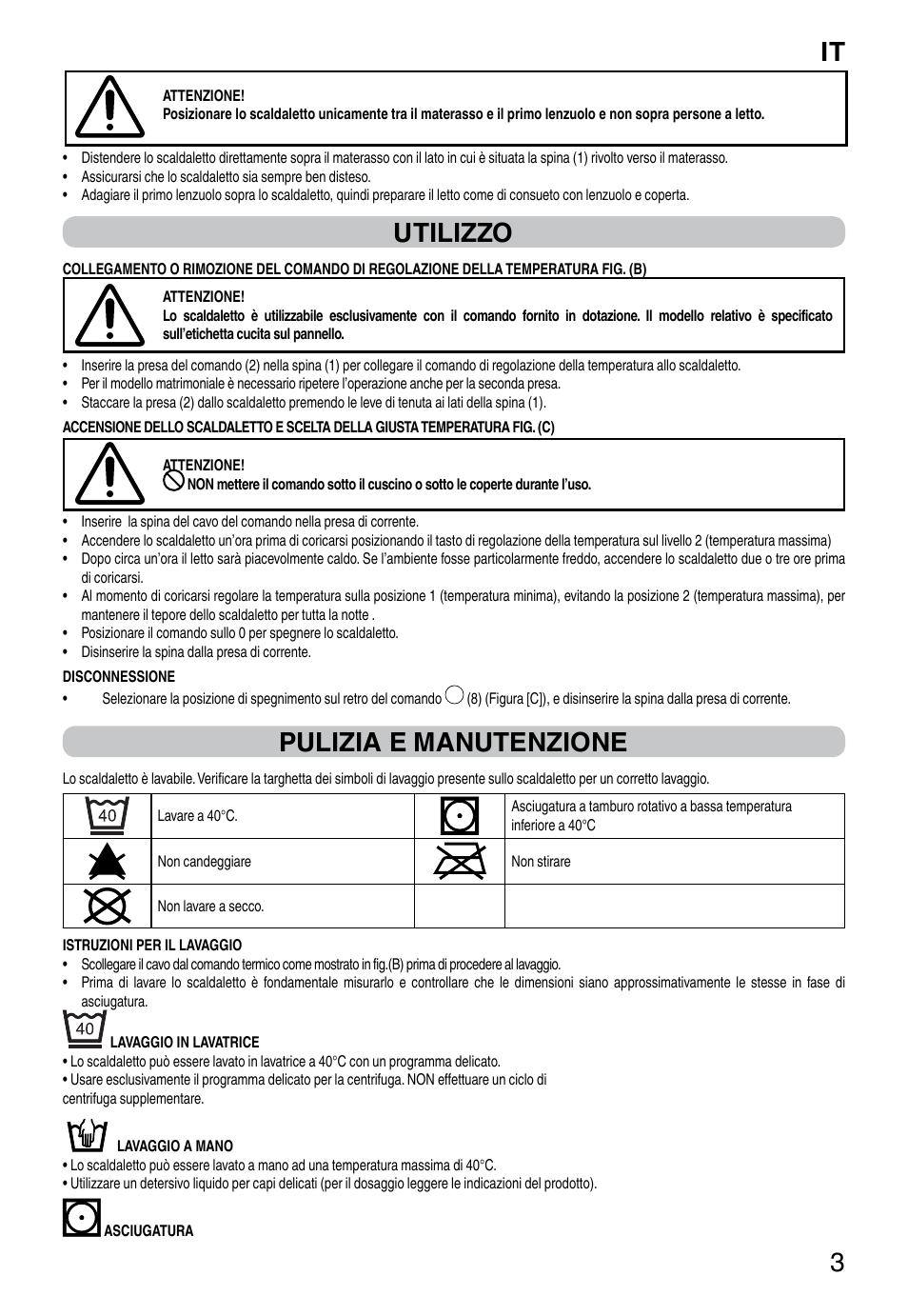 It 3, Utilizzo, Pulizia e manutenzione | Imetec RELAXY QUILTED DOUBLE DUAL User Manual | Page 5 / 56