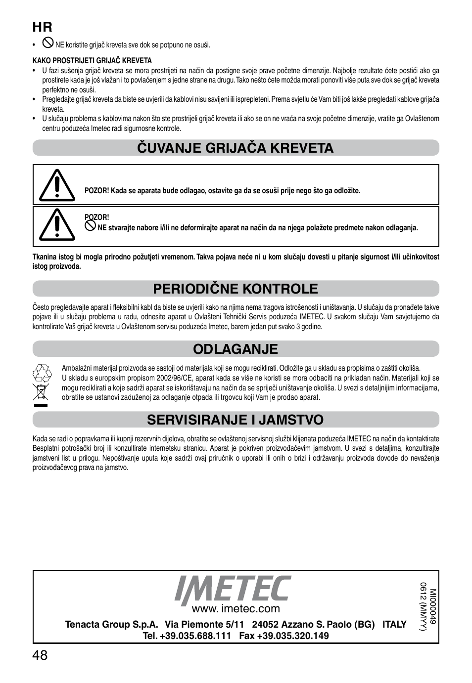 It 48, Čuvanje grijača kreveta, Periodične kontrole | Odlaganje, Servisiranje i jamstvo | Imetec RELAXY QUILTED DOUBLE DUAL User Manual | Page 50 / 56