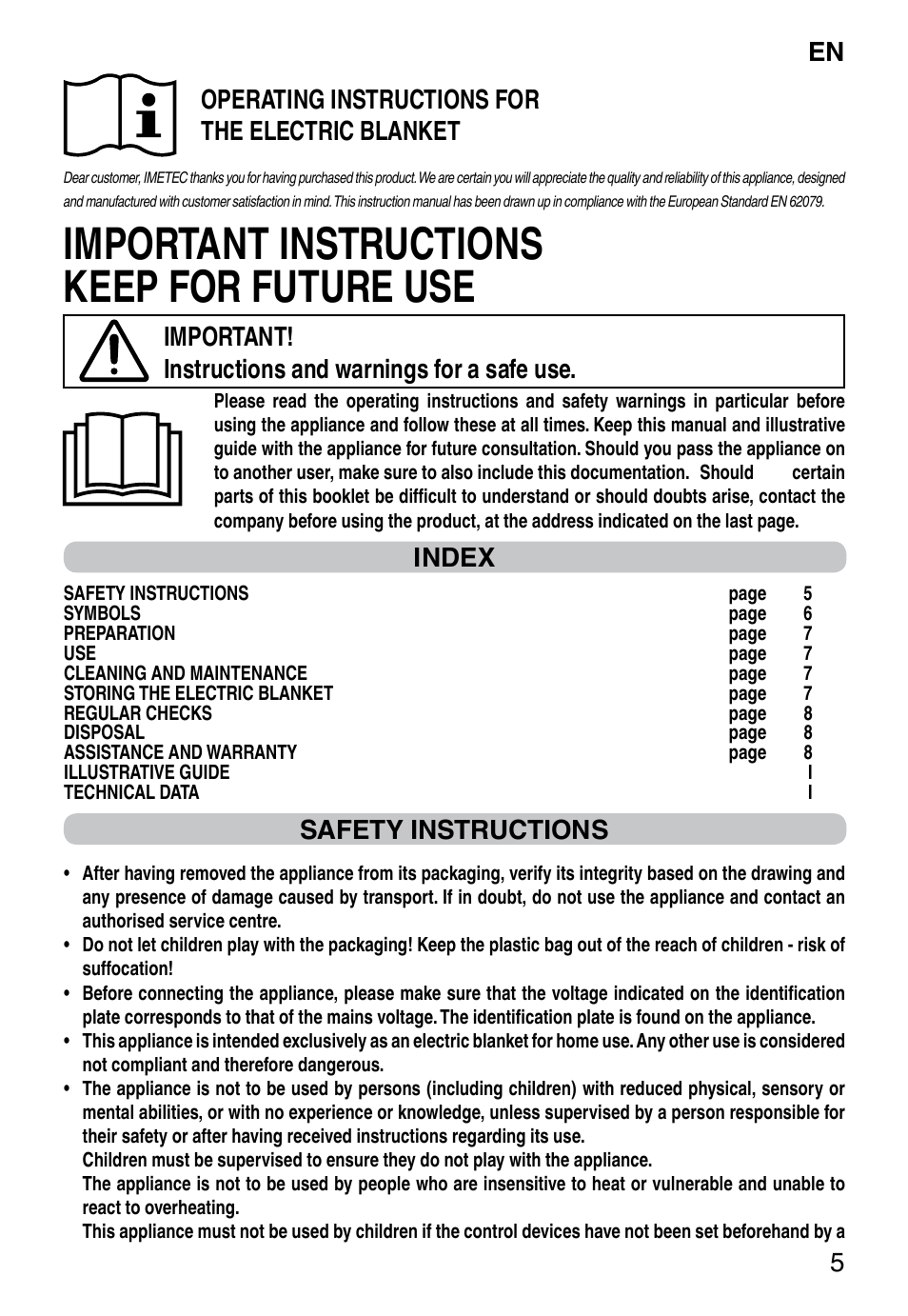Important instructions keep for future use, It 5, Operating instructions for the electric blanket | Index, Safety instructions | Imetec RELAXY QUILTED DOUBLE DUAL User Manual | Page 7 / 56