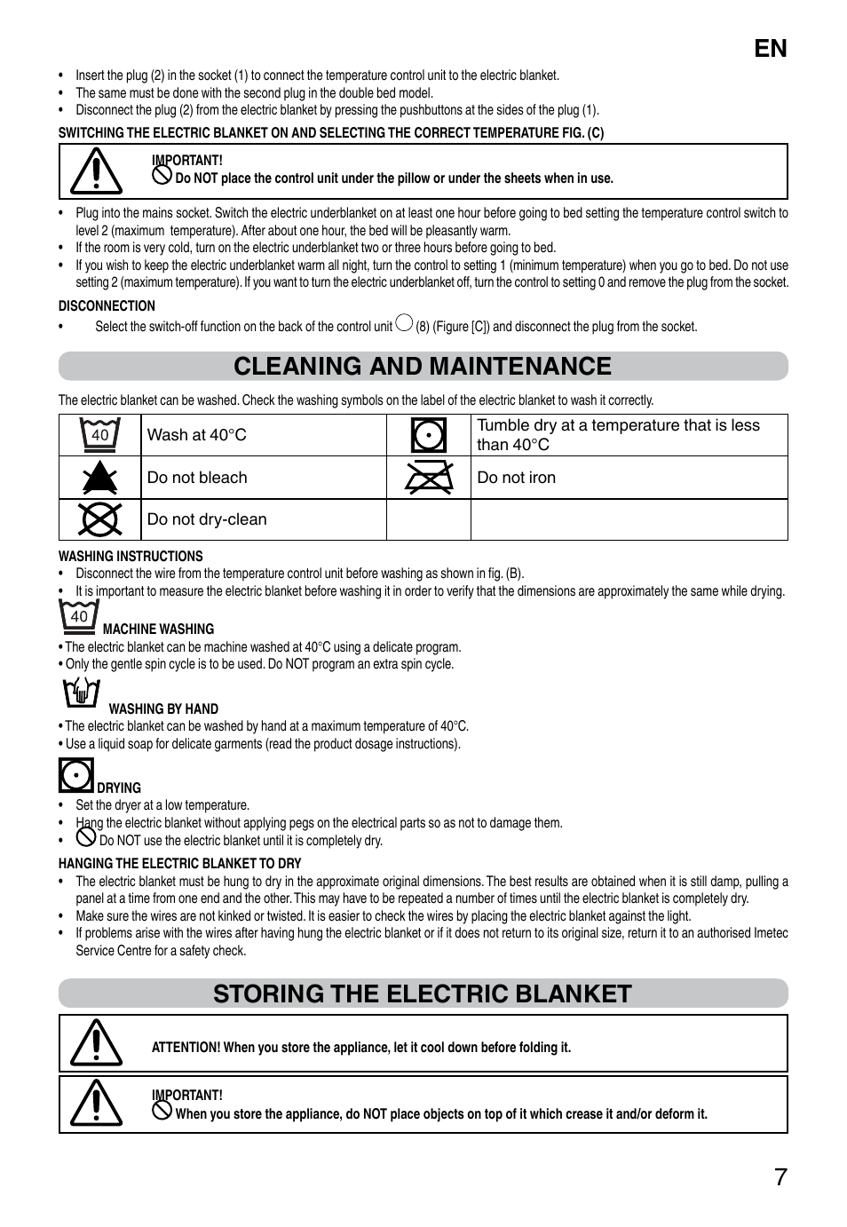 It 7, Cleaning and maintenance, Storing the electric blanket | Imetec RELAXY QUILTED DOUBLE DUAL User Manual | Page 9 / 56