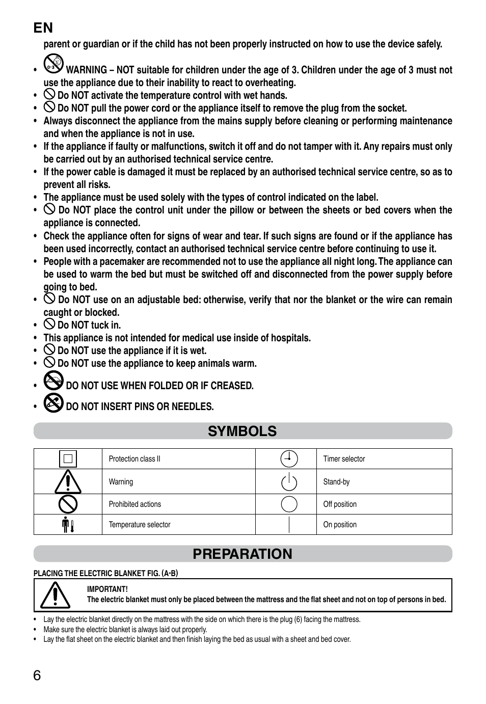It 6, Symbols, Preparation | Imetec RELAXY INTELLISENSE QUILTED DOUBLE DUAL User Manual | Page 8 / 56