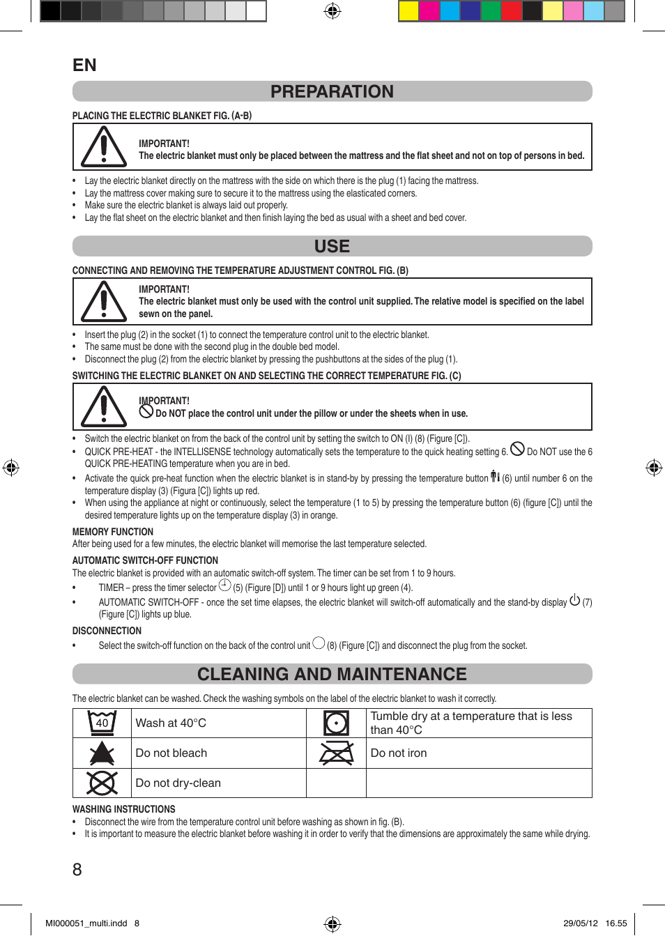 It 8 preparation, Cleaning and maintenance | Imetec RELAXY INTELLISENSE MATRESS COVER DOUBLE DUAL User Manual | Page 10 / 68