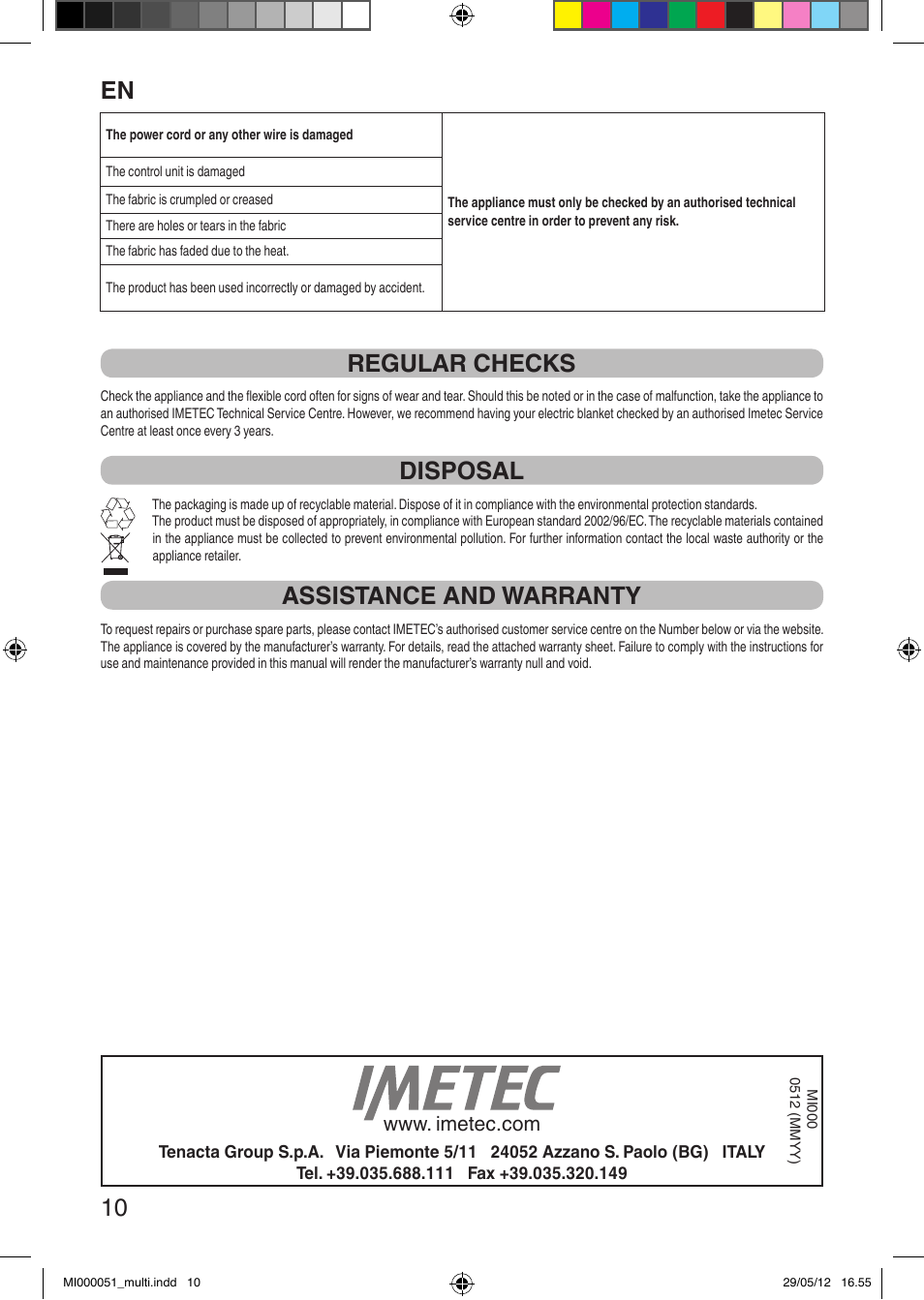It 10, Regular checks, Disposal | Assistance and warranty | Imetec RELAXY INTELLISENSE MATRESS COVER DOUBLE DUAL User Manual | Page 12 / 68