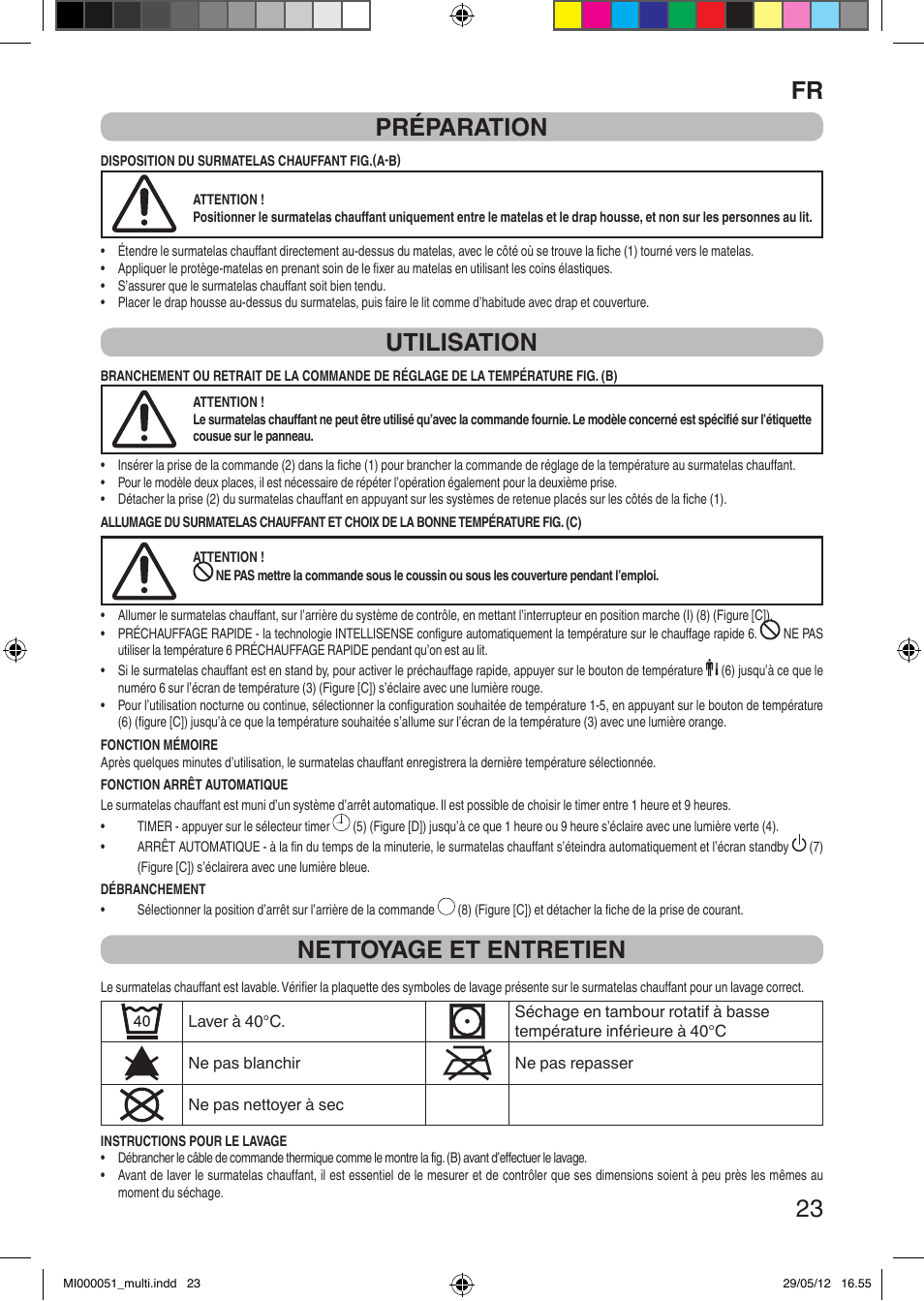 It 23 préparation, Utilisation, Nettoyage et entretien | Imetec RELAXY INTELLISENSE MATRESS COVER DOUBLE DUAL User Manual | Page 25 / 68