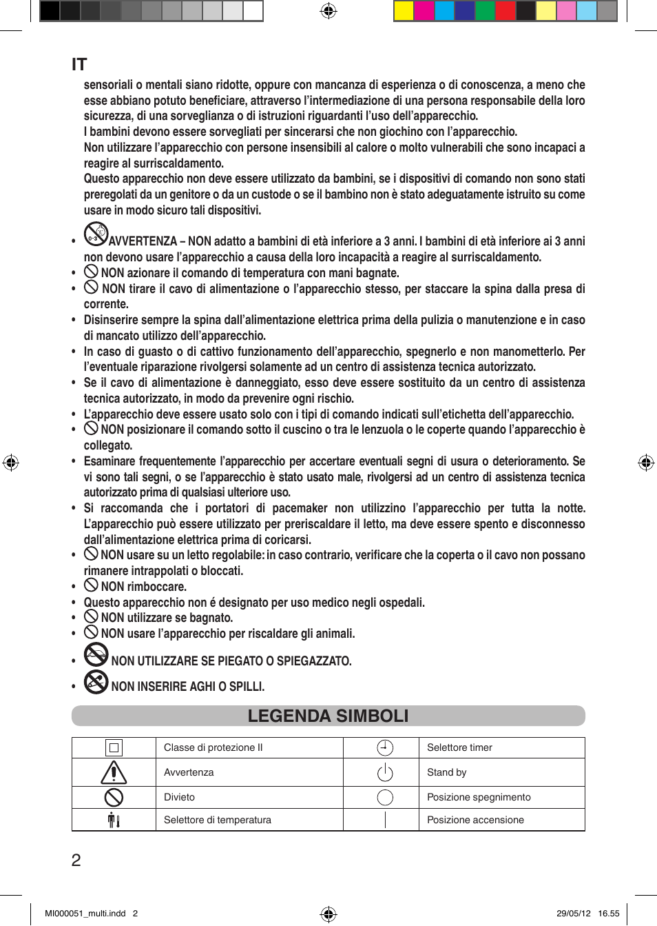 It 2, Legenda simboli | Imetec RELAXY INTELLISENSE MATRESS COVER DOUBLE DUAL User Manual | Page 4 / 68