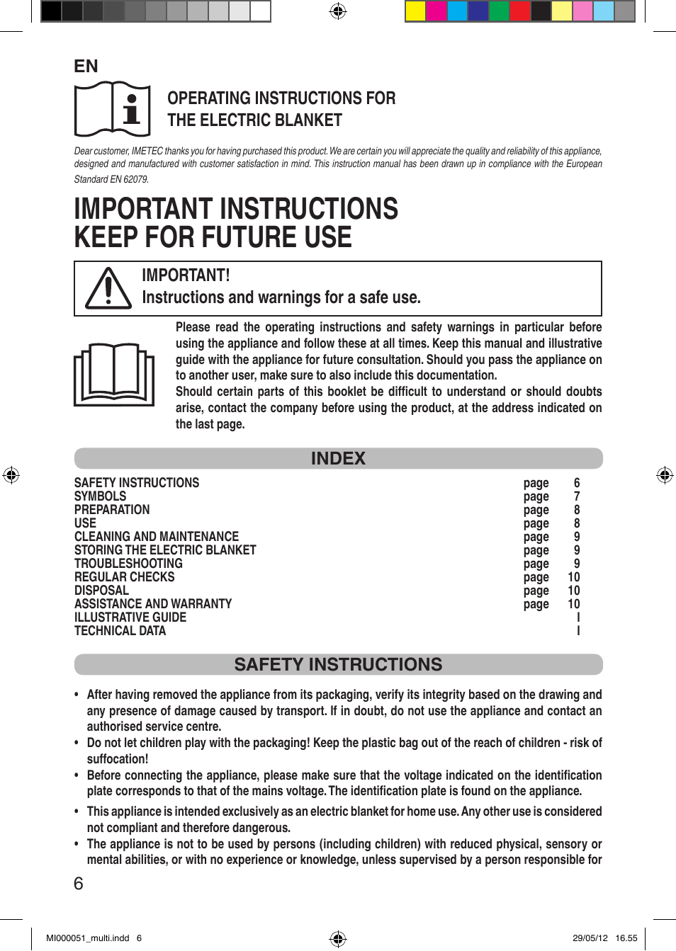 Important instructions keep for future use, It 6, Operating instructions for the electric blanket | Index, Safety instructions | Imetec RELAXY INTELLISENSE MATRESS COVER DOUBLE DUAL User Manual | Page 8 / 68