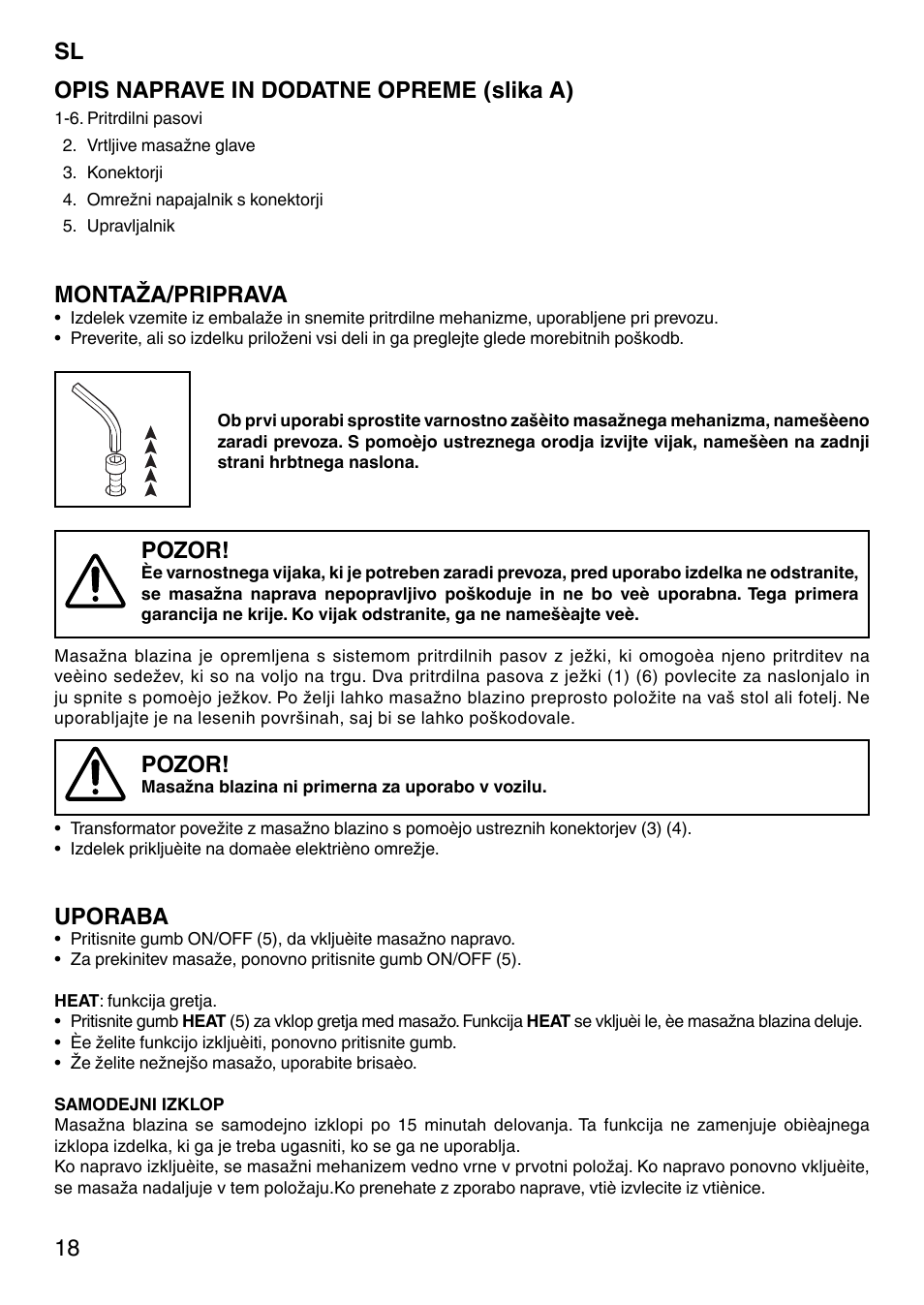 18 sl opis naprave in dodatne opreme (slika a), Montaža/priprava, Pozor | Uporaba | Imetec SENSUIJ SM5-200 User Manual | Page 23 / 54