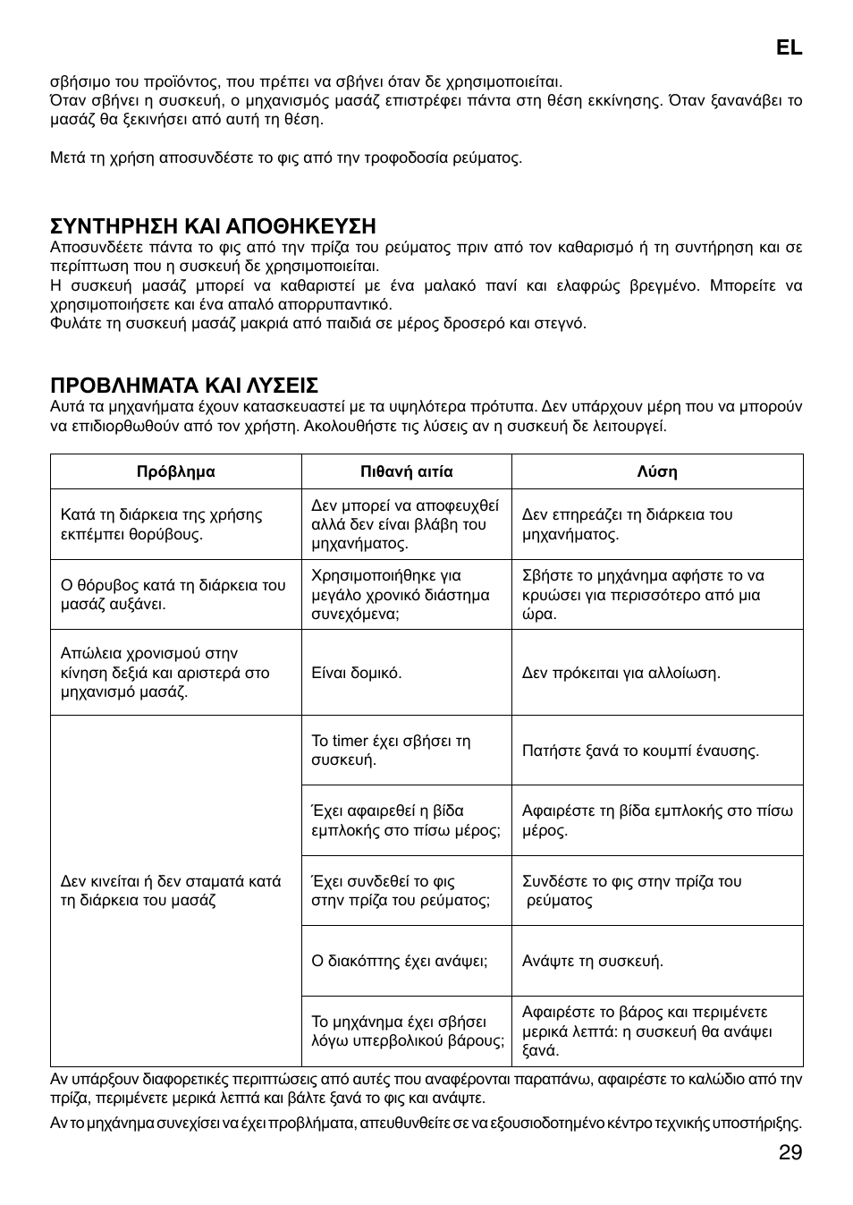 29 el, Συντηρηση και αποθηκευση, Προβληματα και λυσεισ | Imetec SENSUIJ SM5-200 User Manual | Page 34 / 54