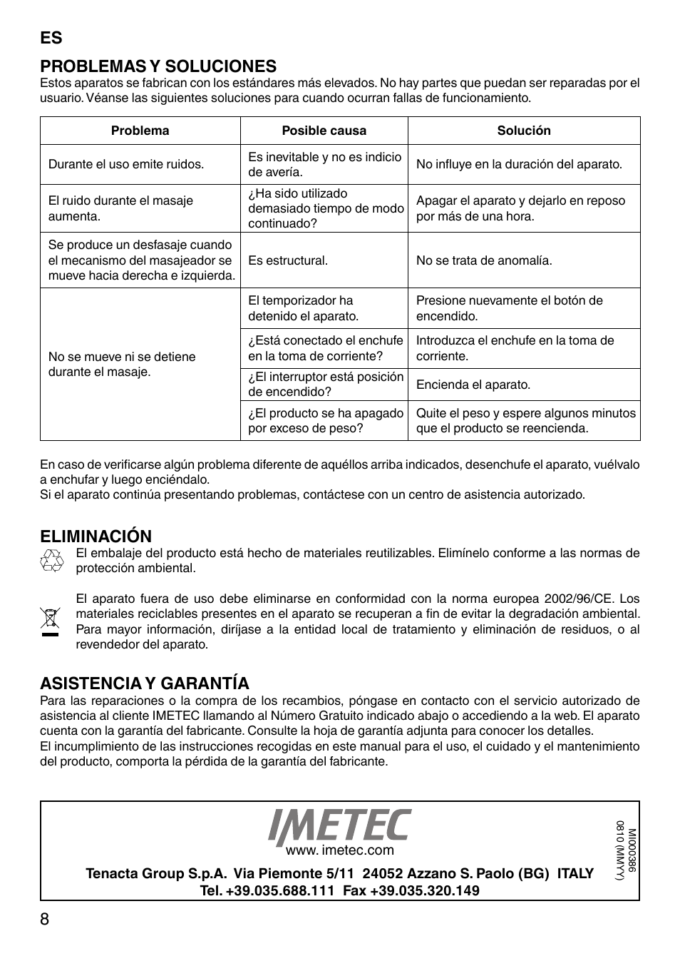 8problemas y soluciones, Eliminación, Asistencia y garantía | Imetec SENSUIJ MC1-200 User Manual | Page 13 / 42