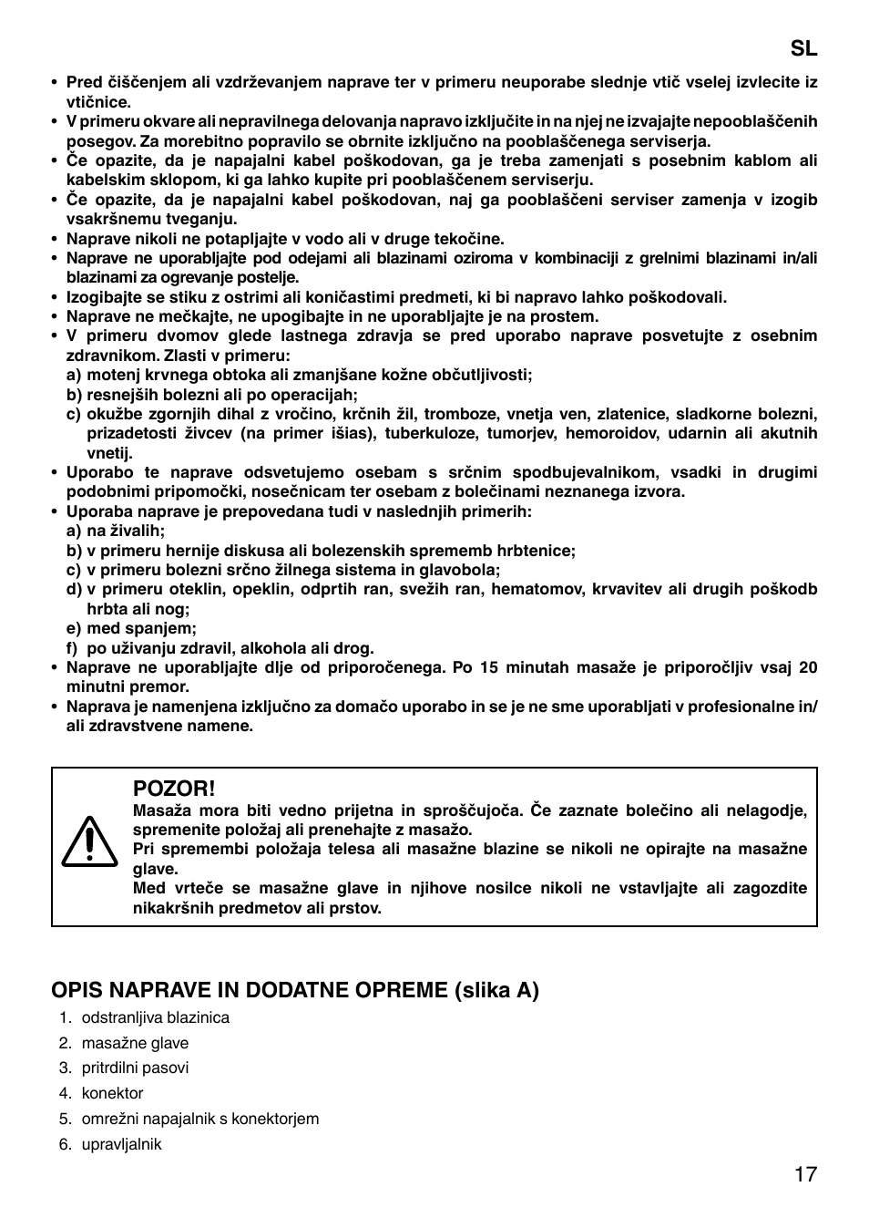 Pozor, Opis naprave in dodatne opreme (slika a) | Imetec SENSUIJ CM3-200 User Manual | Page 22 / 53