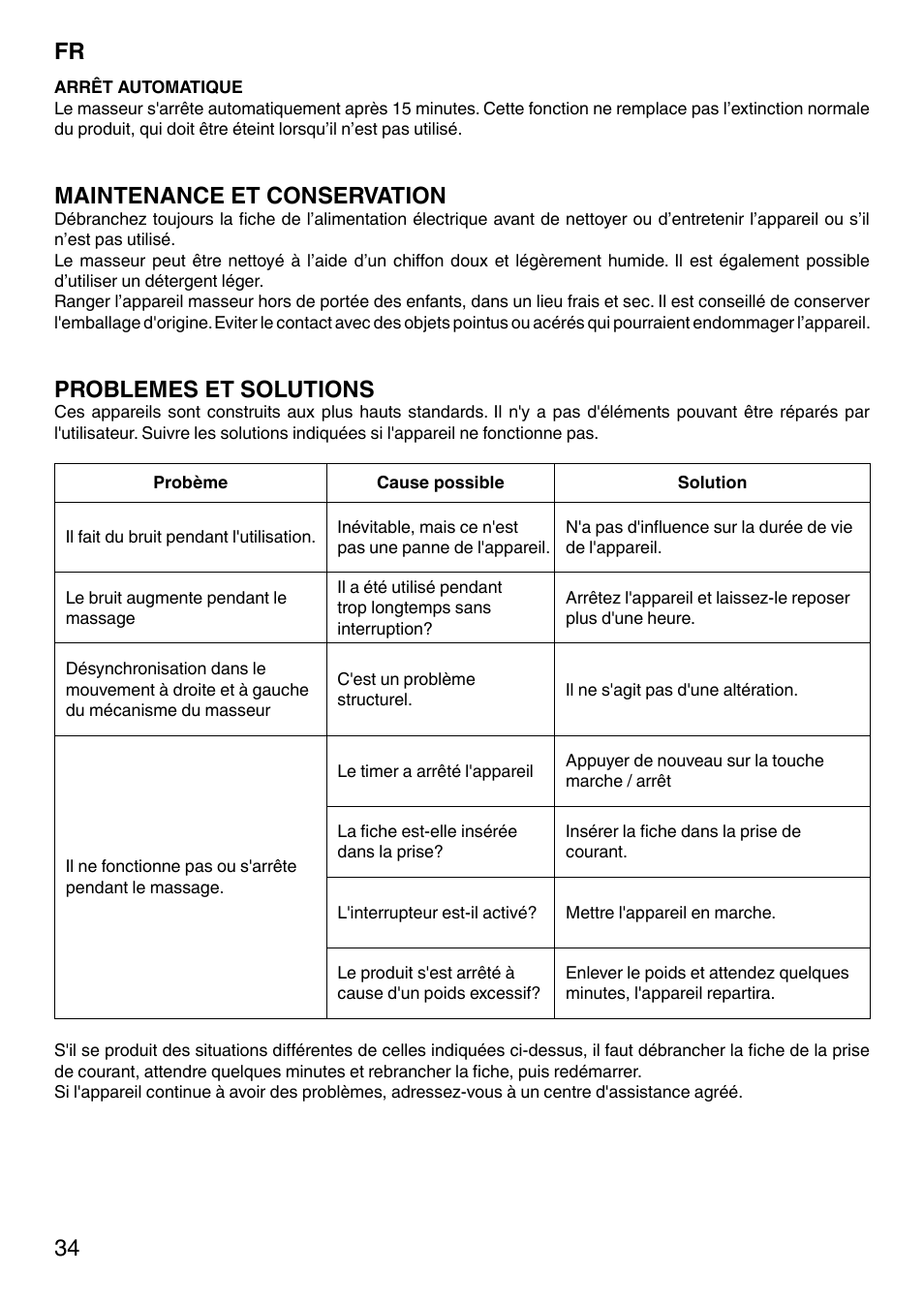 Maintenance et conservation, Problemes et solutions | Imetec SENSUIJ CM3-200 User Manual | Page 39 / 53