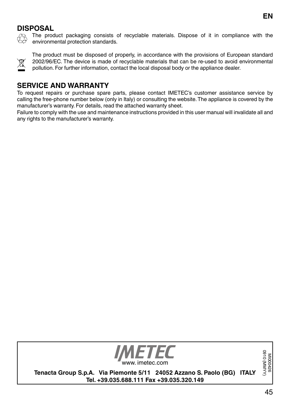 Disposal, Service and warranty | Imetec SENSUIJ CM3-200 User Manual | Page 50 / 53