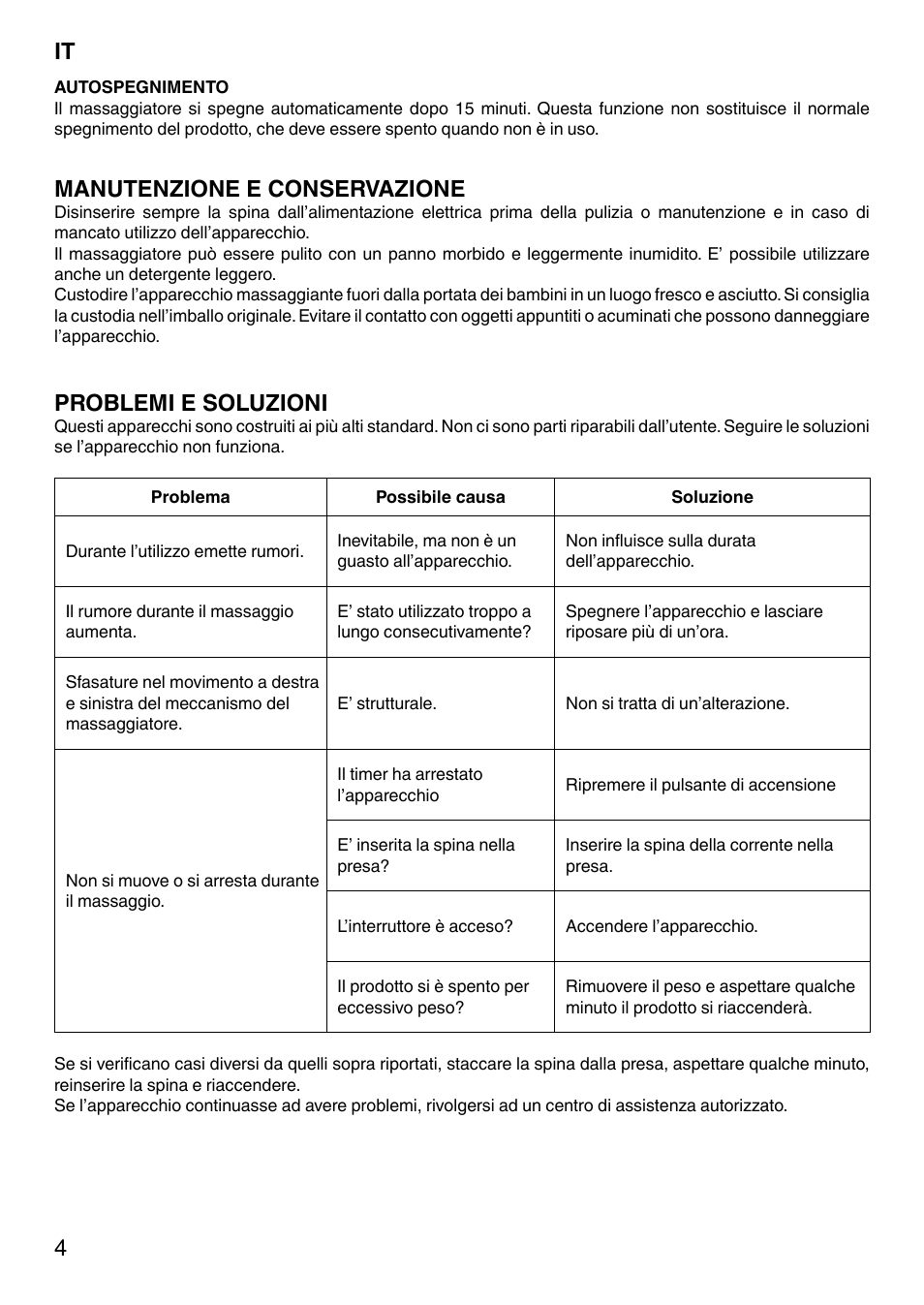 It 4, Manutenzione e conservazione, Problemi e soluzioni | Imetec SENSUIJ CM3-200 User Manual | Page 9 / 53