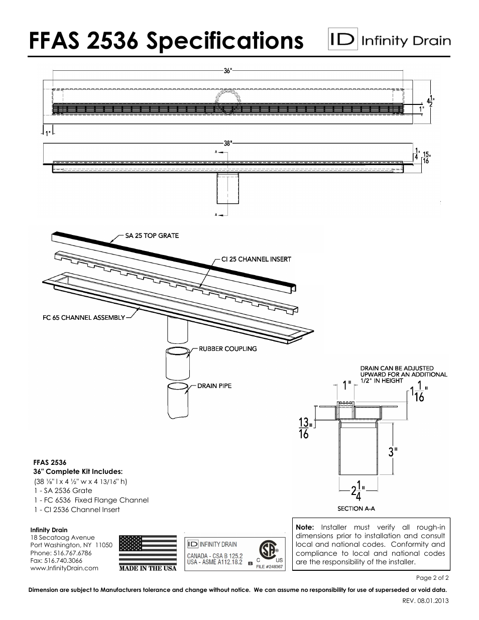 Ffas 2536 specifications | Infinity Drain FFAS 2536 Series Submittal Sheet User Manual | Page 2 / 2