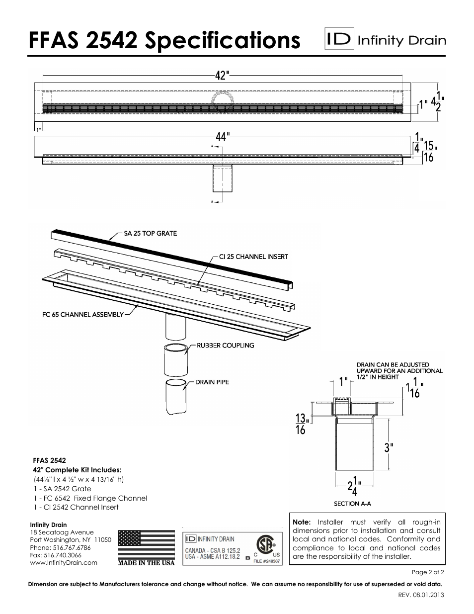 Ffas 2542 specifications | Infinity Drain FFAS 2542 Series Submittal Sheet User Manual | Page 2 / 2
