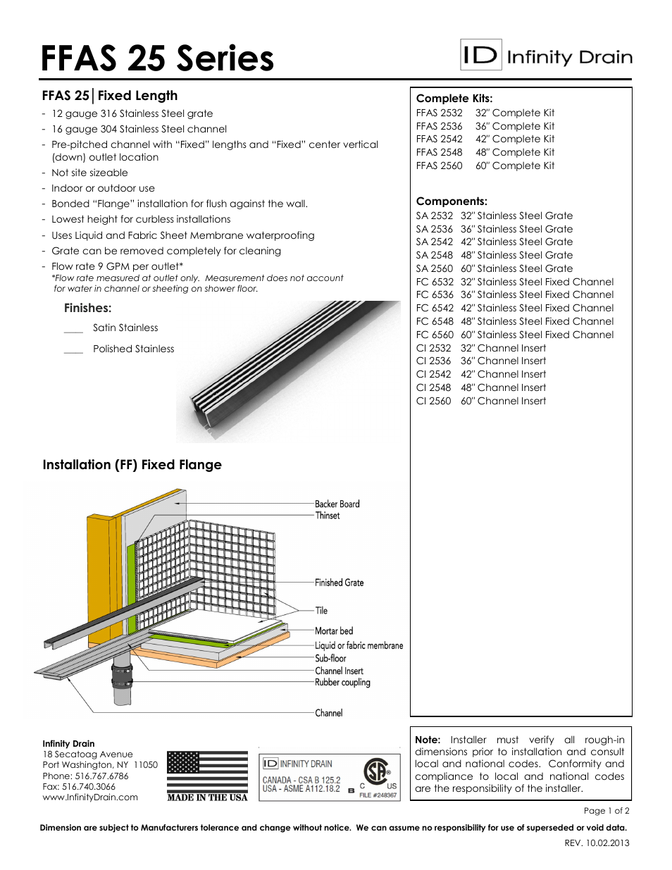 Infinity Drain FFAS 2548 Series Submittal Sheet User Manual | 2 pages