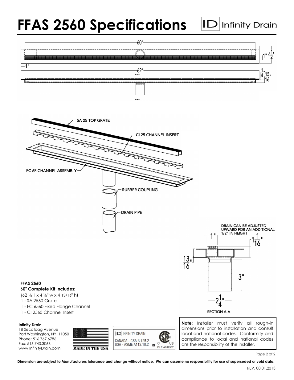 Ffas 2560 specifications | Infinity Drain FFAS 2560 Series Submittal Sheet User Manual | Page 2 / 2