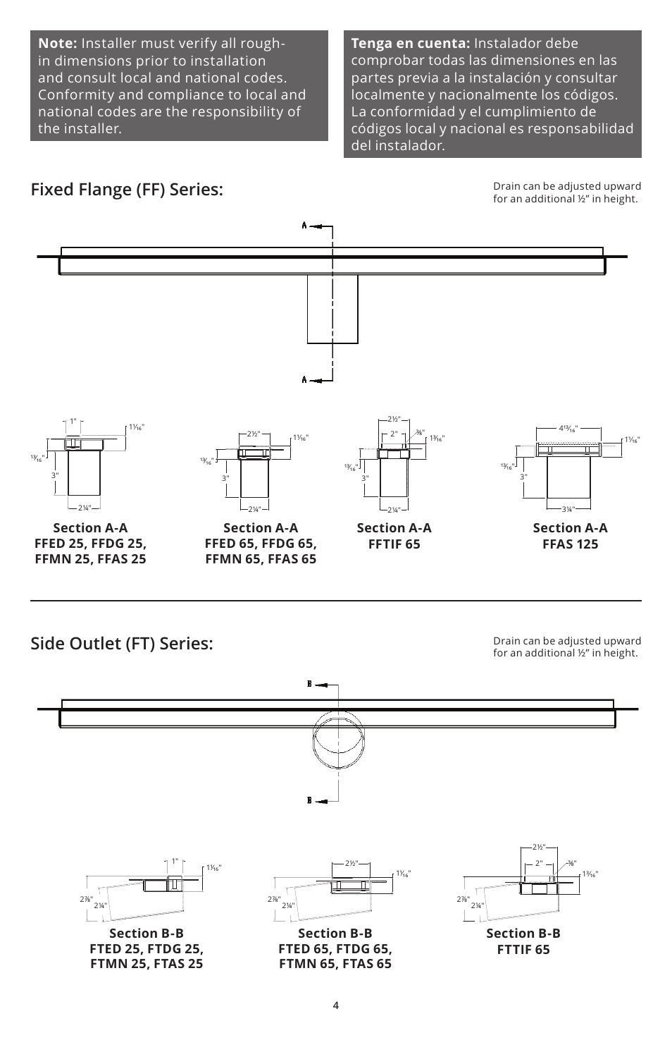 Side outlet (ft) series, Fixed flange (ff) series | Infinity Drain FFAS 65 Install Instructions User Manual | Page 4 / 8