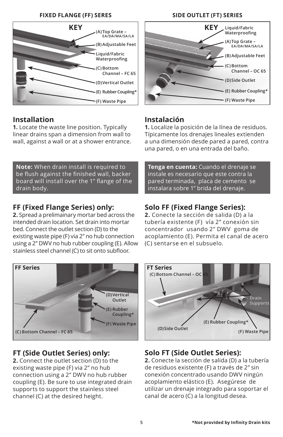 Installation, Ff (fixed flange series) only, Ft (side outlet series) only | Instalación, Solo ft (side outlet series), Solo ff (fixed flange series) | Infinity Drain FFAS 65 Install Instructions User Manual | Page 5 / 8