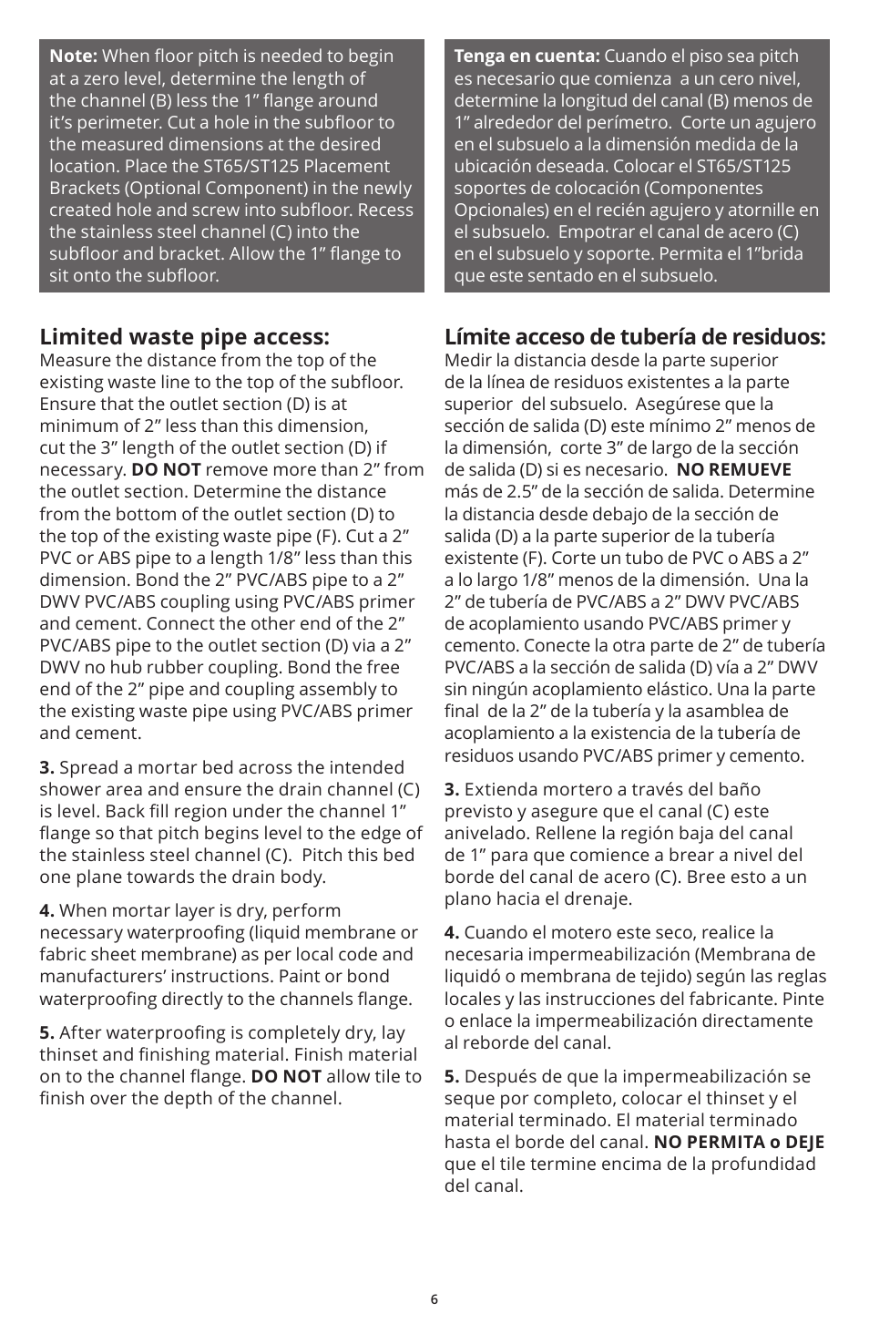 Limited waste pipe access, Límite acceso de tubería de residuos | Infinity Drain FFAS 65 Install Instructions User Manual | Page 6 / 8