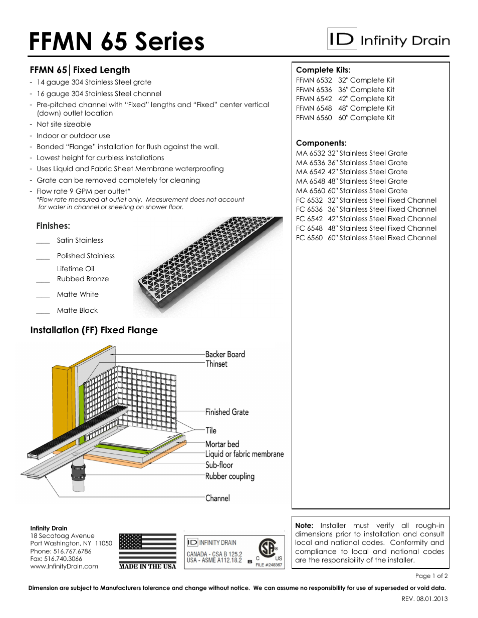 Infinity Drain FFMN 6536 Series Submittal Sheet User Manual | 2 pages