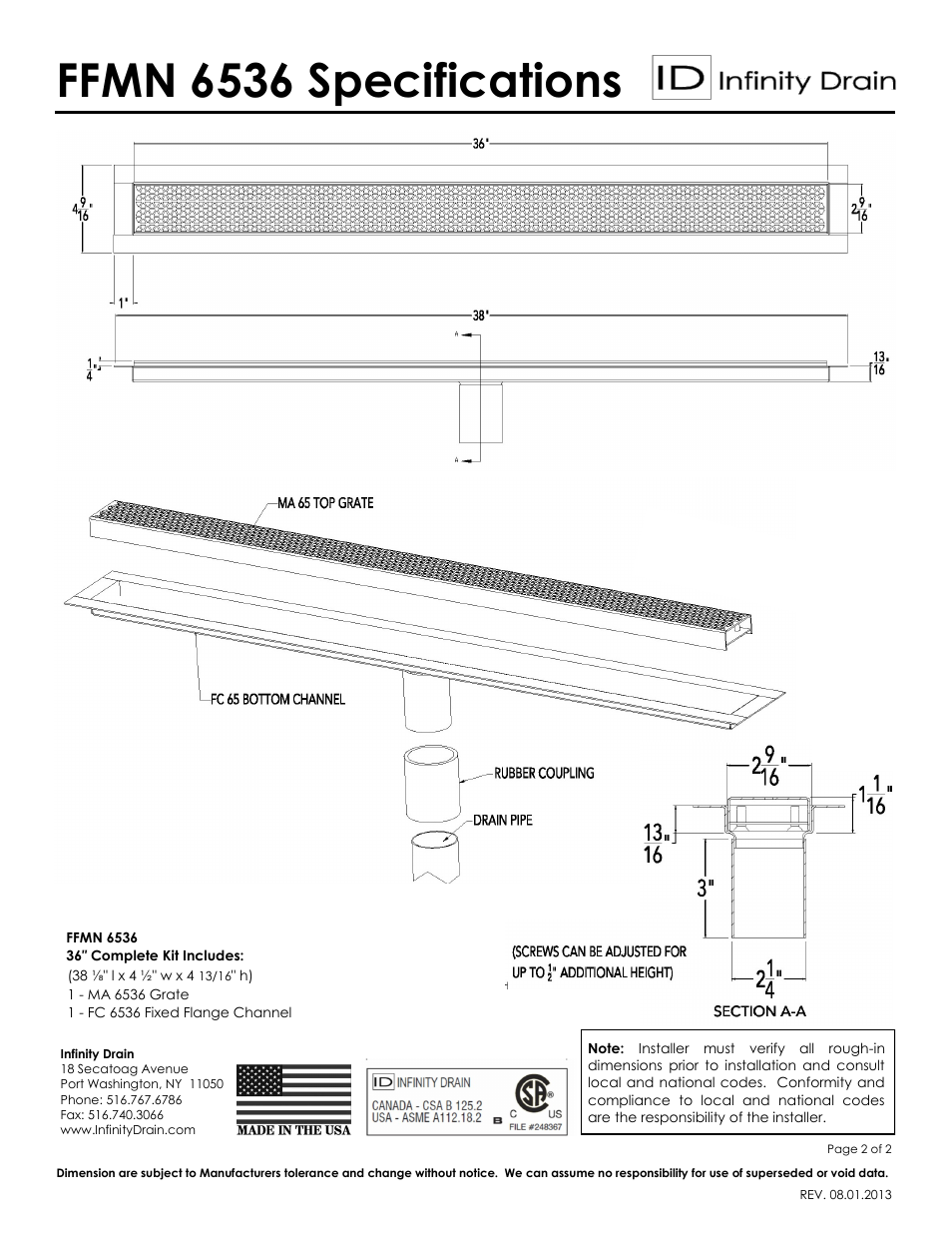 Ffmn 6536 specifications | Infinity Drain FFMN 6536 Series Submittal Sheet User Manual | Page 2 / 2