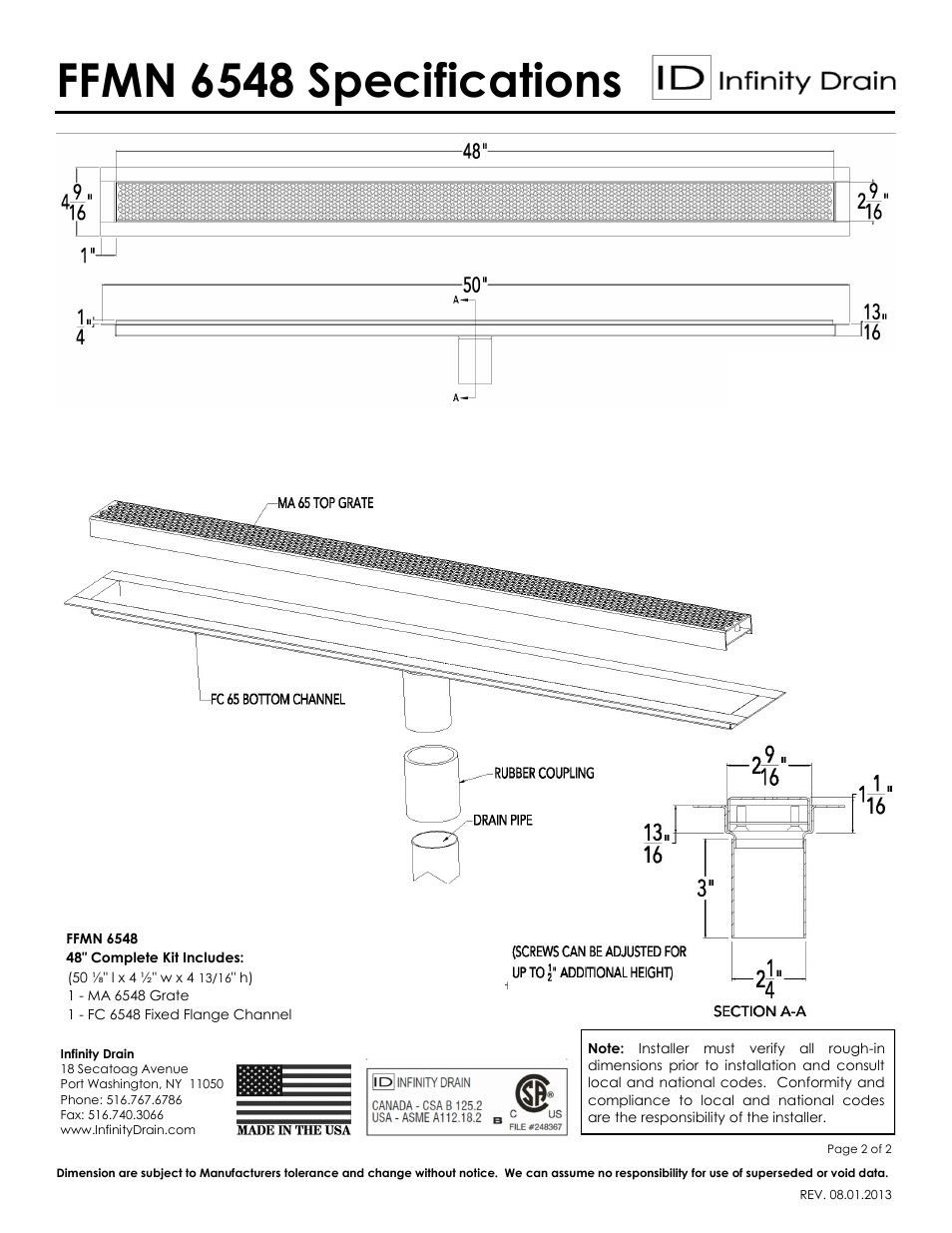 Ffmn 6548 specifications | Infinity Drain FFMN 6548 Series Submittal Sheet User Manual | Page 2 / 2