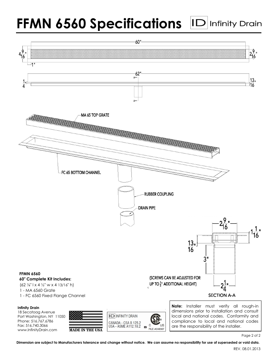 Ffmn 6560 specifications | Infinity Drain FFMN 6560 Series Submittal Sheet User Manual | Page 2 / 2