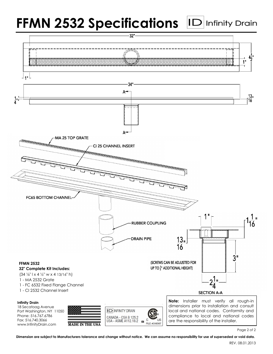 Ffmn 2532 specifications | Infinity Drain FFMN 2532 Series Submittal Sheet PDF User Manual | Page 2 / 2