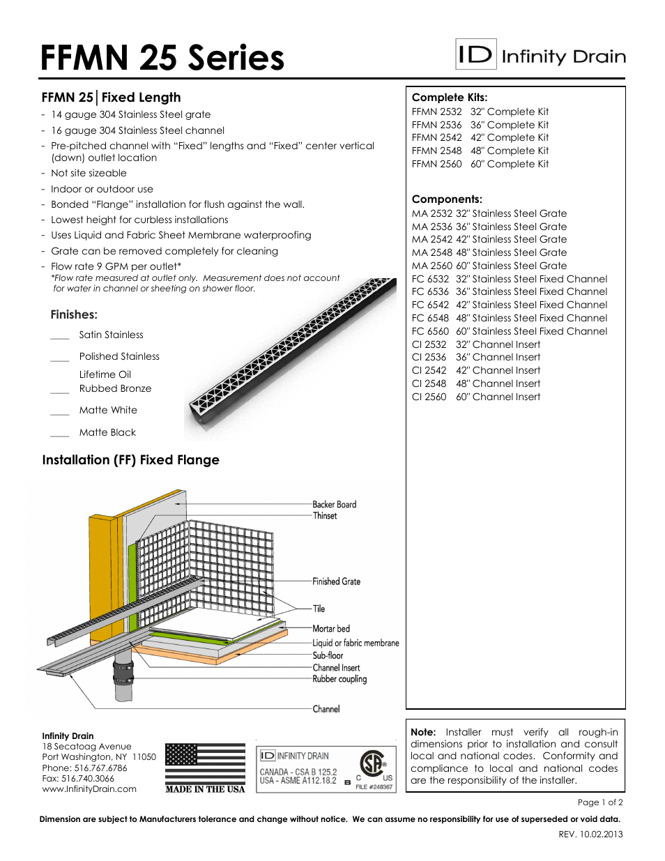 Infinity Drain FFMN 2548 Series Submittal Sheet PDF User Manual | 2 pages