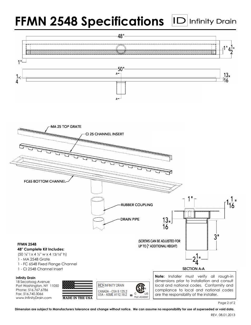 Ffmn 2548 specifications | Infinity Drain FFMN 2548 Series Submittal Sheet PDF User Manual | Page 2 / 2