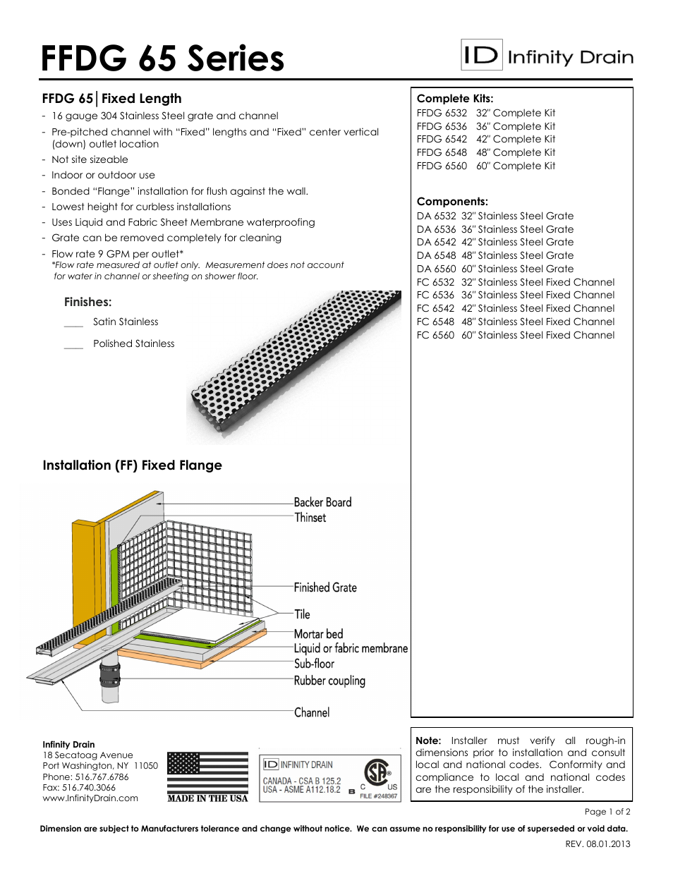 Infinity Drain FFDG 6532 Series Submittal Sheet User Manual | 2 pages