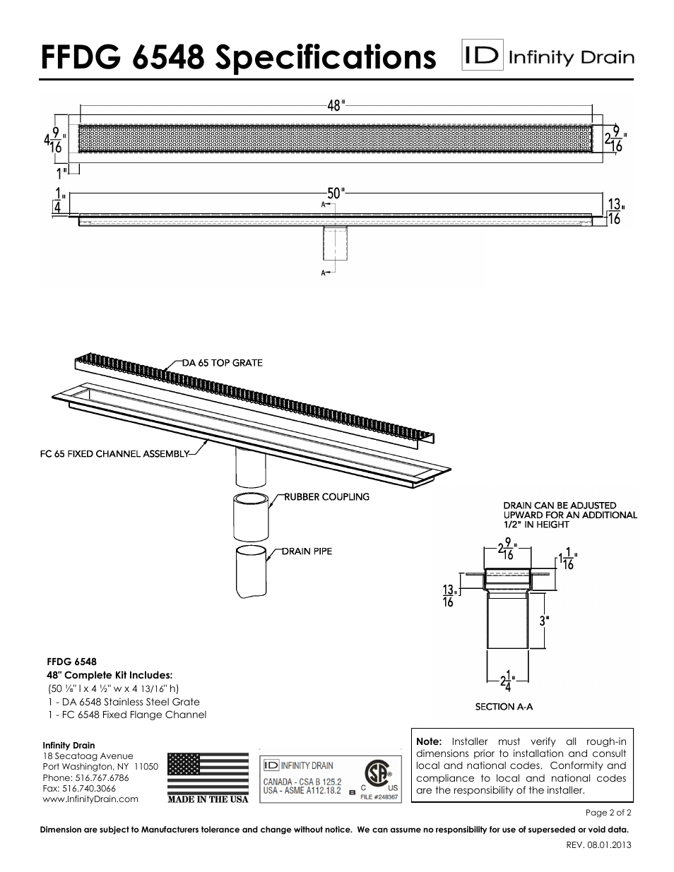 Ffdg 6548 specifications | Infinity Drain FFDG 6548 Series Submittal Sheet User Manual | Page 2 / 2