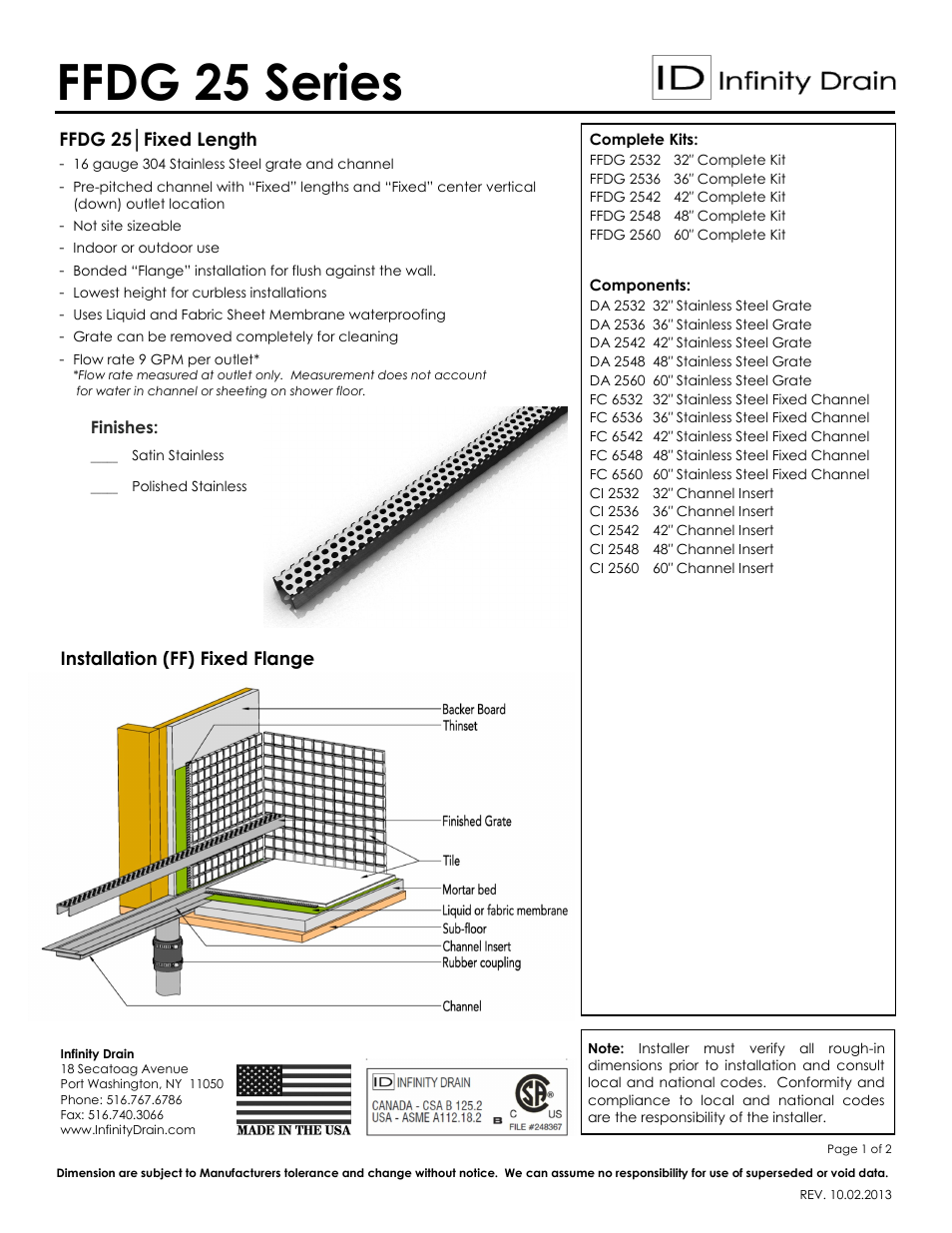 Infinity Drain FFDG 2542 Series Submittal Sheet User Manual | 2 pages