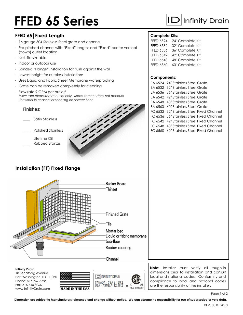 Infinity Drain FFED 6524 Series Submittal Sheet User Manual | 2 pages