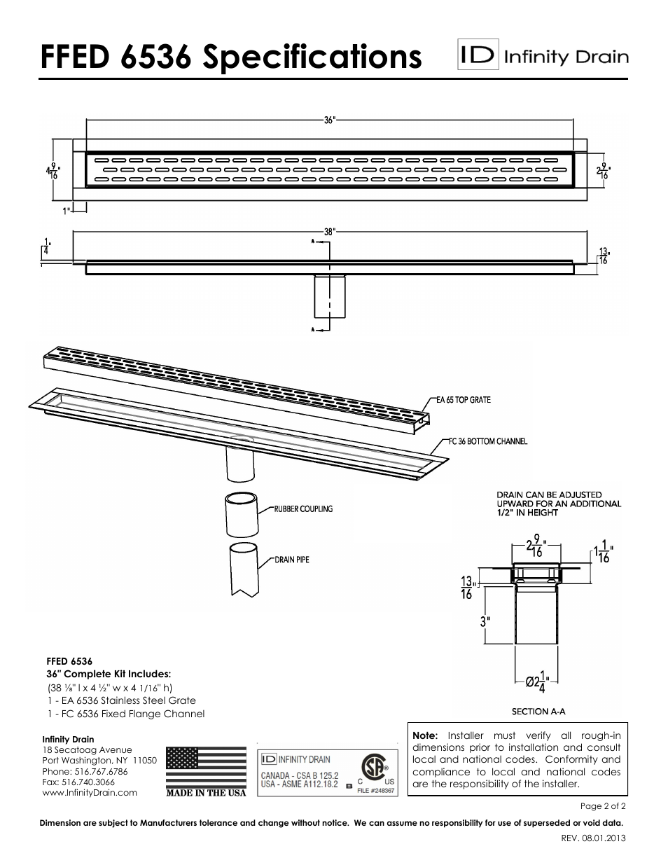 Ffed 6536 specifications | Infinity Drain FFED 6536 Series Submittal Sheet User Manual | Page 2 / 2