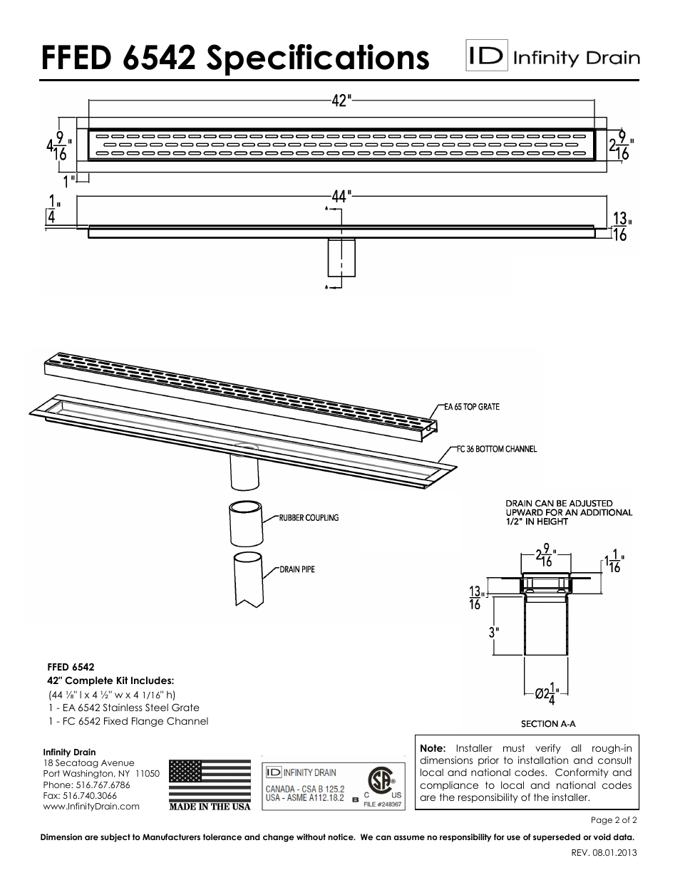 Ffed 6542 specifications | Infinity Drain FFED 6542 Series Submittal Sheet User Manual | Page 2 / 2