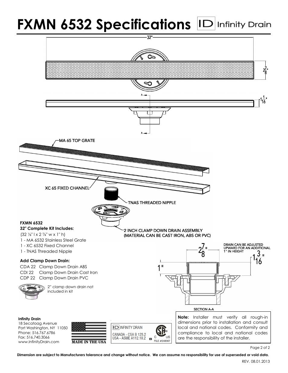 Fxmn 6532 specifications | Infinity Drain FXMN 6532 Series Submittal Sheet User Manual | Page 2 / 2