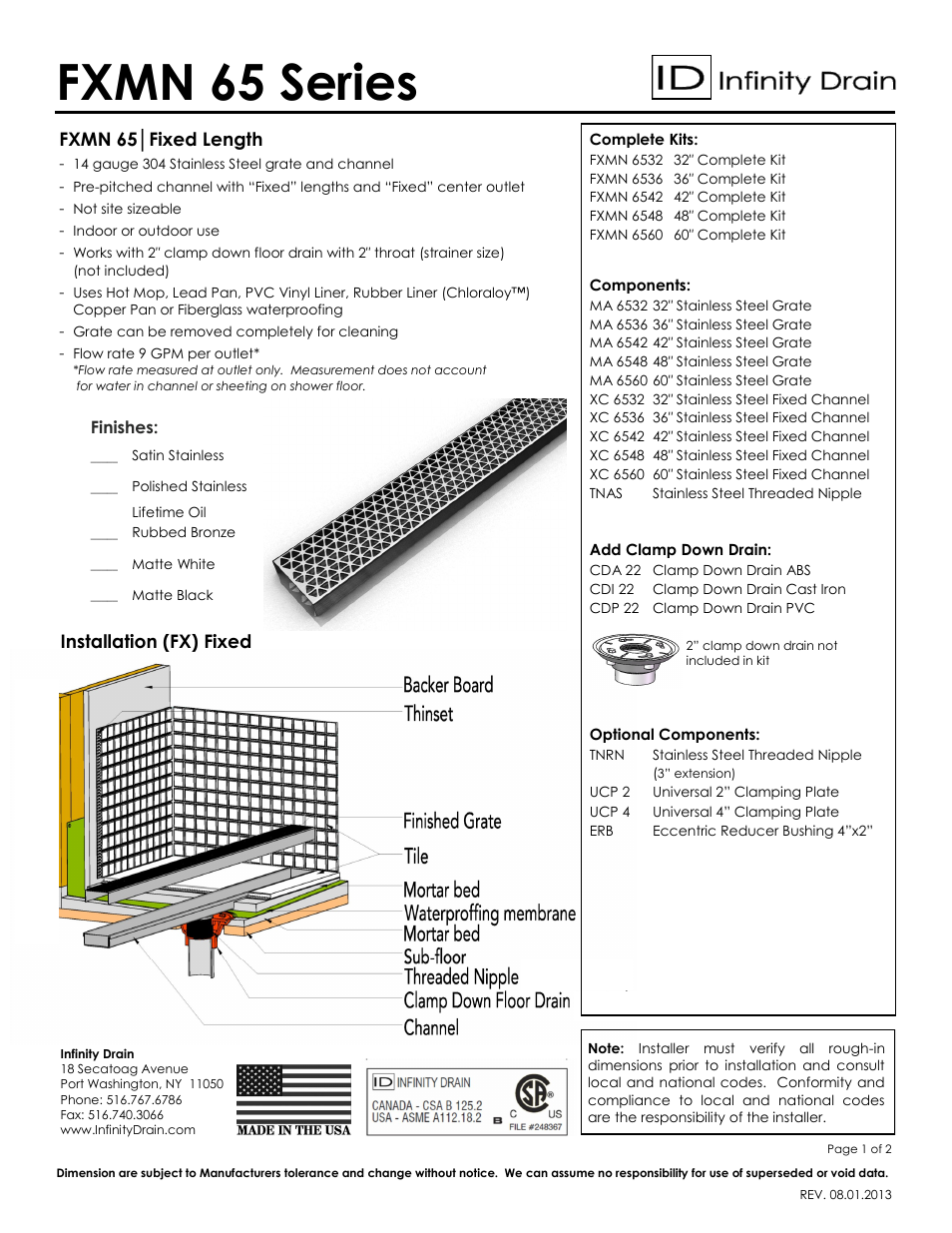 Infinity Drain FXMN 6536 Series Submittal Sheet User Manual | 2 pages