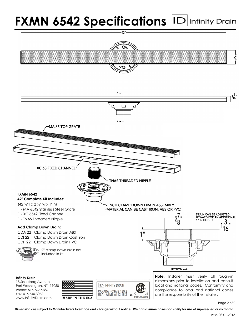 Fxmn 6542 specifications | Infinity Drain FXMN 6542 Series Submittal Sheet User Manual | Page 2 / 2