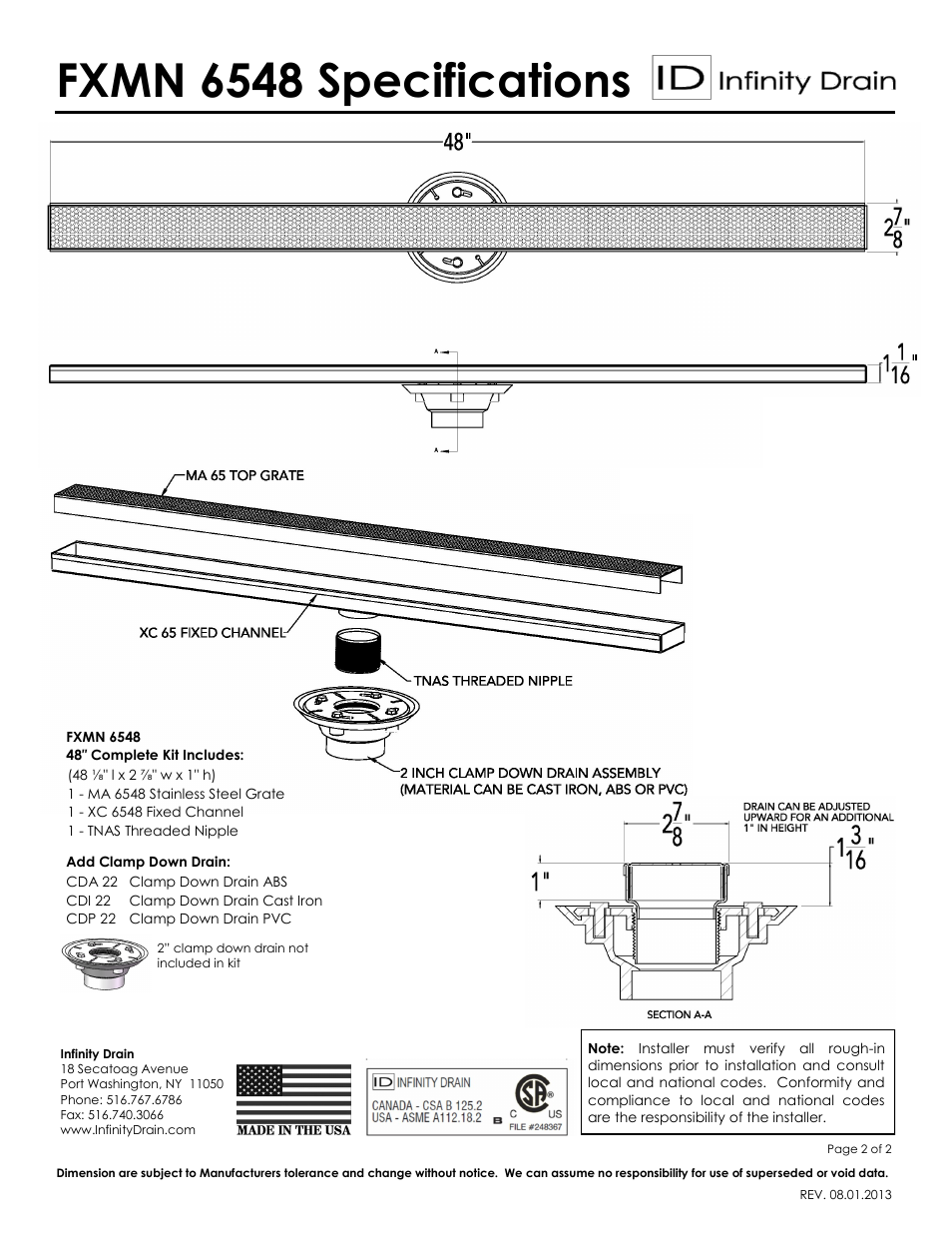Fxmn 6548 specifications | Infinity Drain FXMN 6548 Series Submittal Sheet User Manual | Page 2 / 2