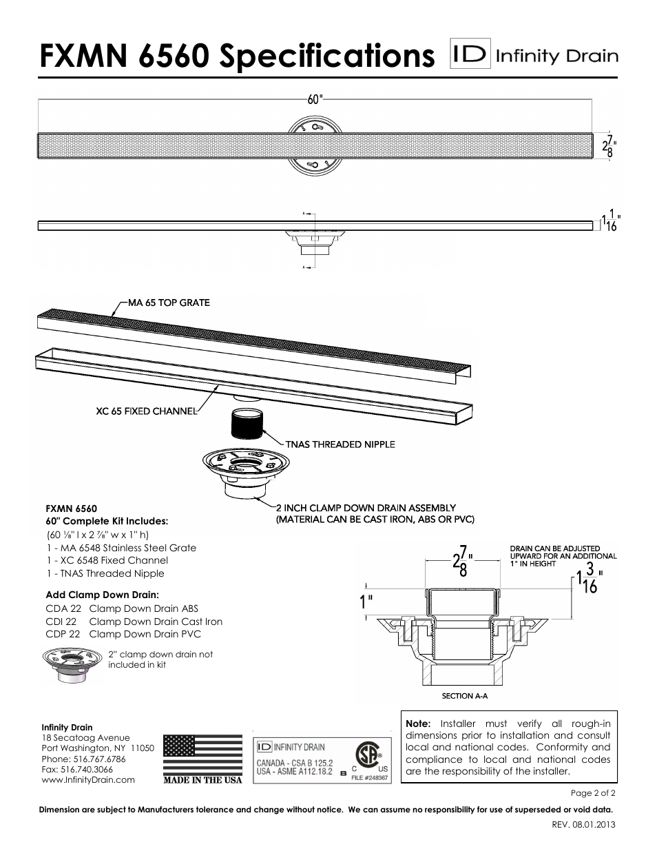 Fxmn 6560 specifications | Infinity Drain FXMN 6560 Series Submittal Sheet User Manual | Page 2 / 2