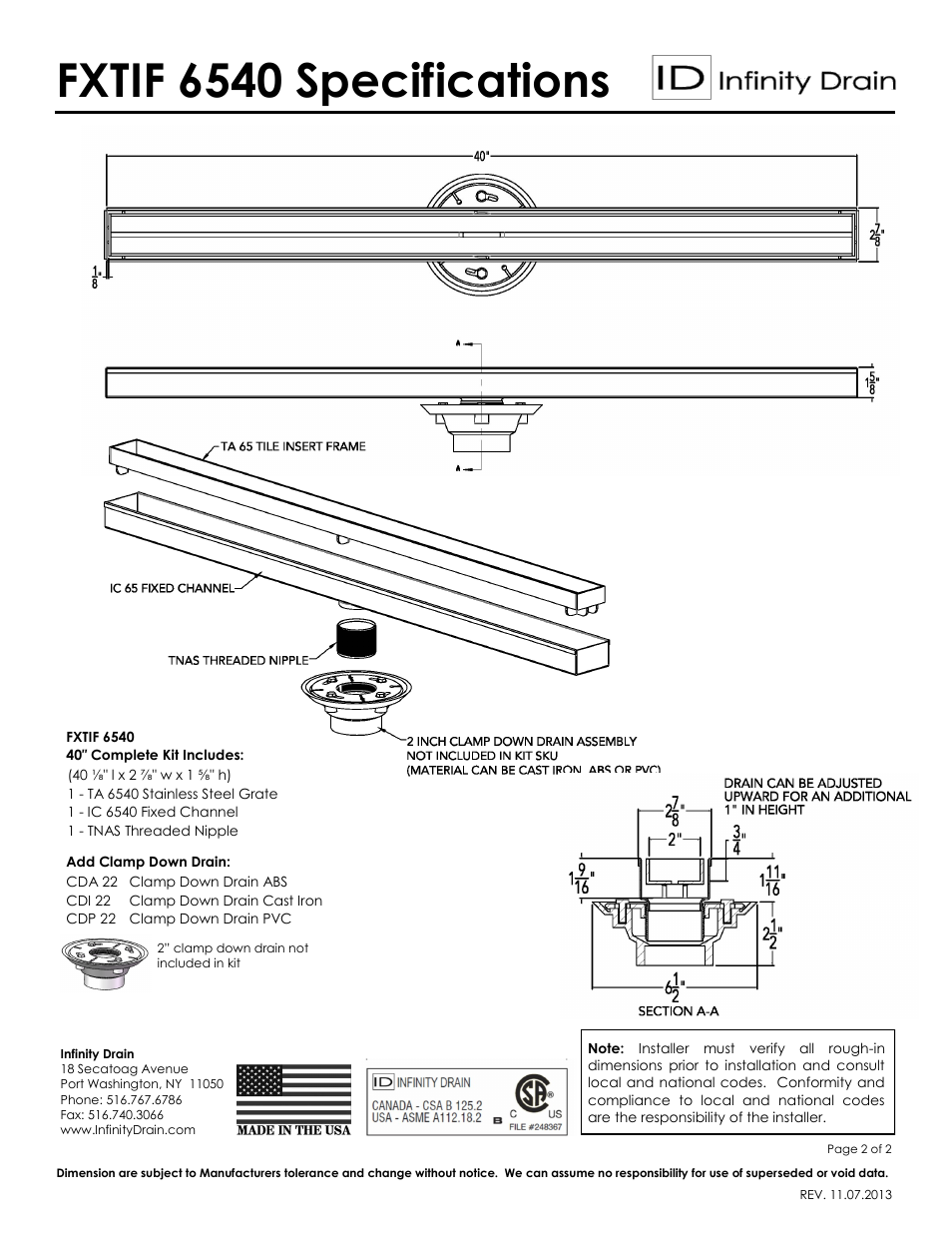 Fxtif 6540 specifications | Infinity Drain FXTIF 6540 Series Submittal Sheet User Manual | Page 2 / 2
