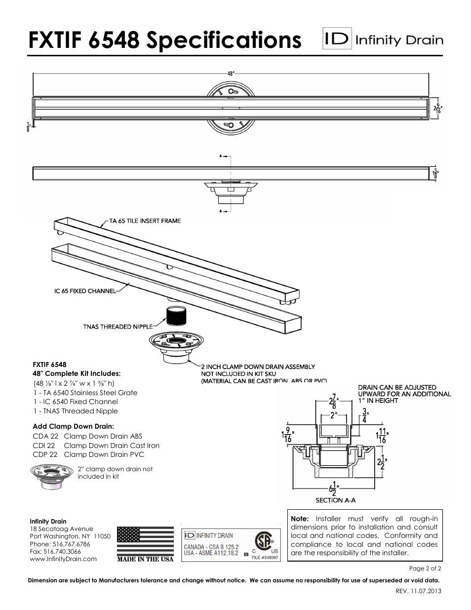 Fxtif 6548 specifications | Infinity Drain FXTIF 6548 Series Submittal Sheet User Manual | Page 2 / 2