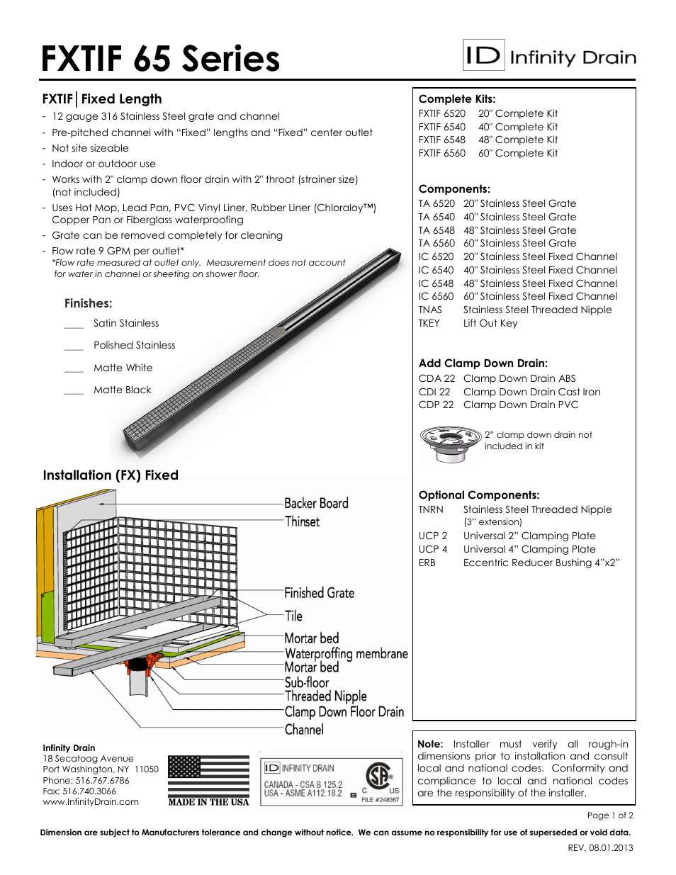 Infinity Drain FXTIF 6560 Series Submittal Sheet User Manual | 2 pages