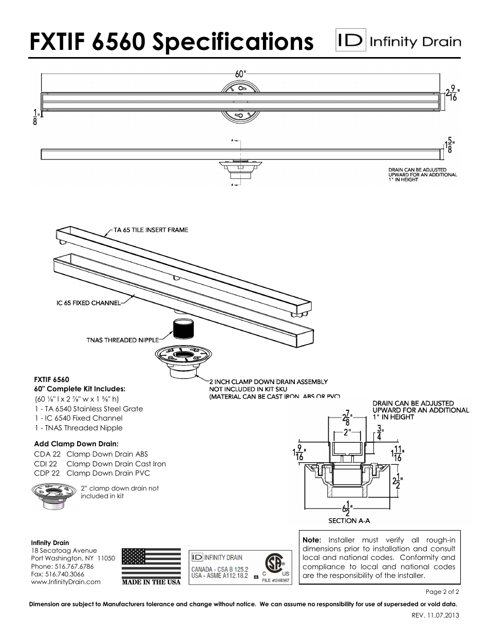 Fxtif 6560 specifications | Infinity Drain FXTIF 6560 Series Submittal Sheet User Manual | Page 2 / 2