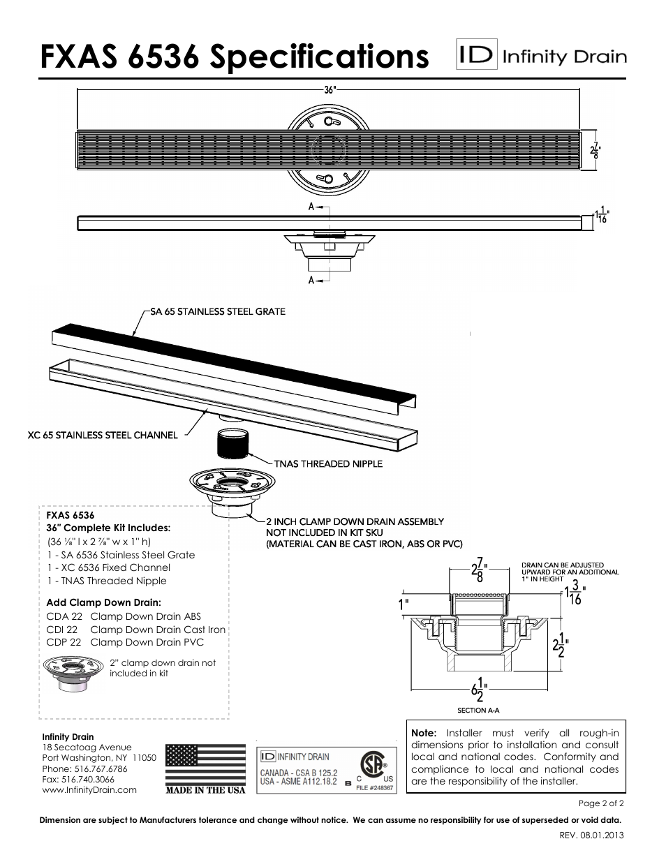 Fxas 6536 specifications | Infinity Drain FXAS 6536 Series Submittal Sheet User Manual | Page 2 / 2