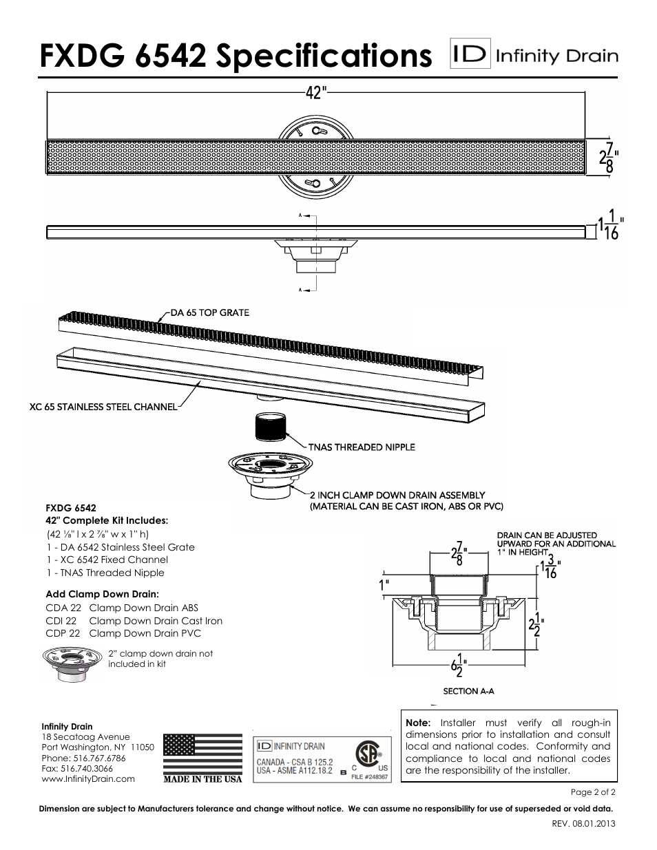 Fxdg 6542 specifications | Infinity Drain FXDG 6542 Series Submittal Sheet User Manual | Page 2 / 2