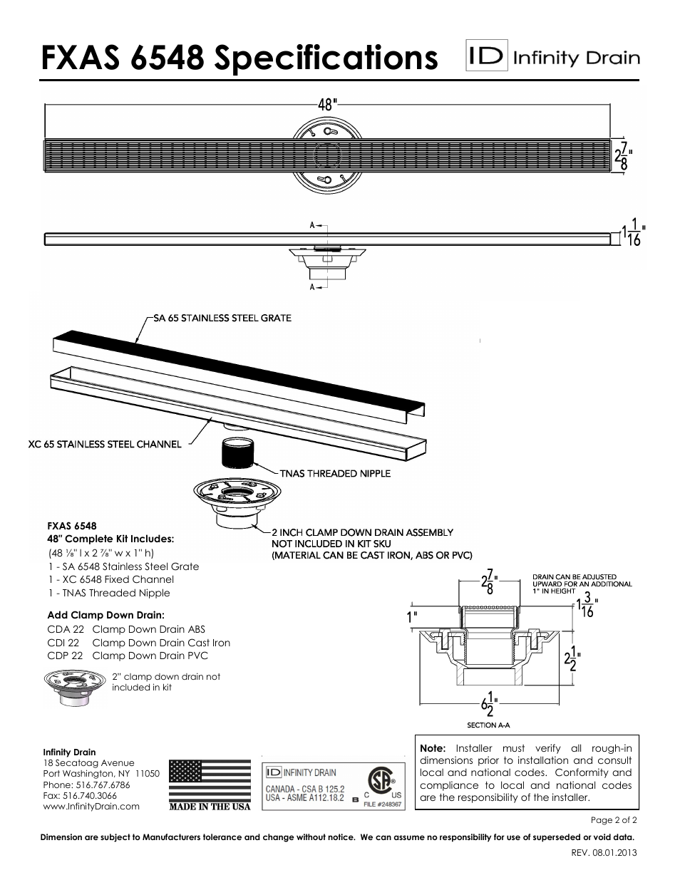 Fxas 6548 specifications | Infinity Drain FXAS 6548 Series Submittal Sheet User Manual | Page 2 / 2